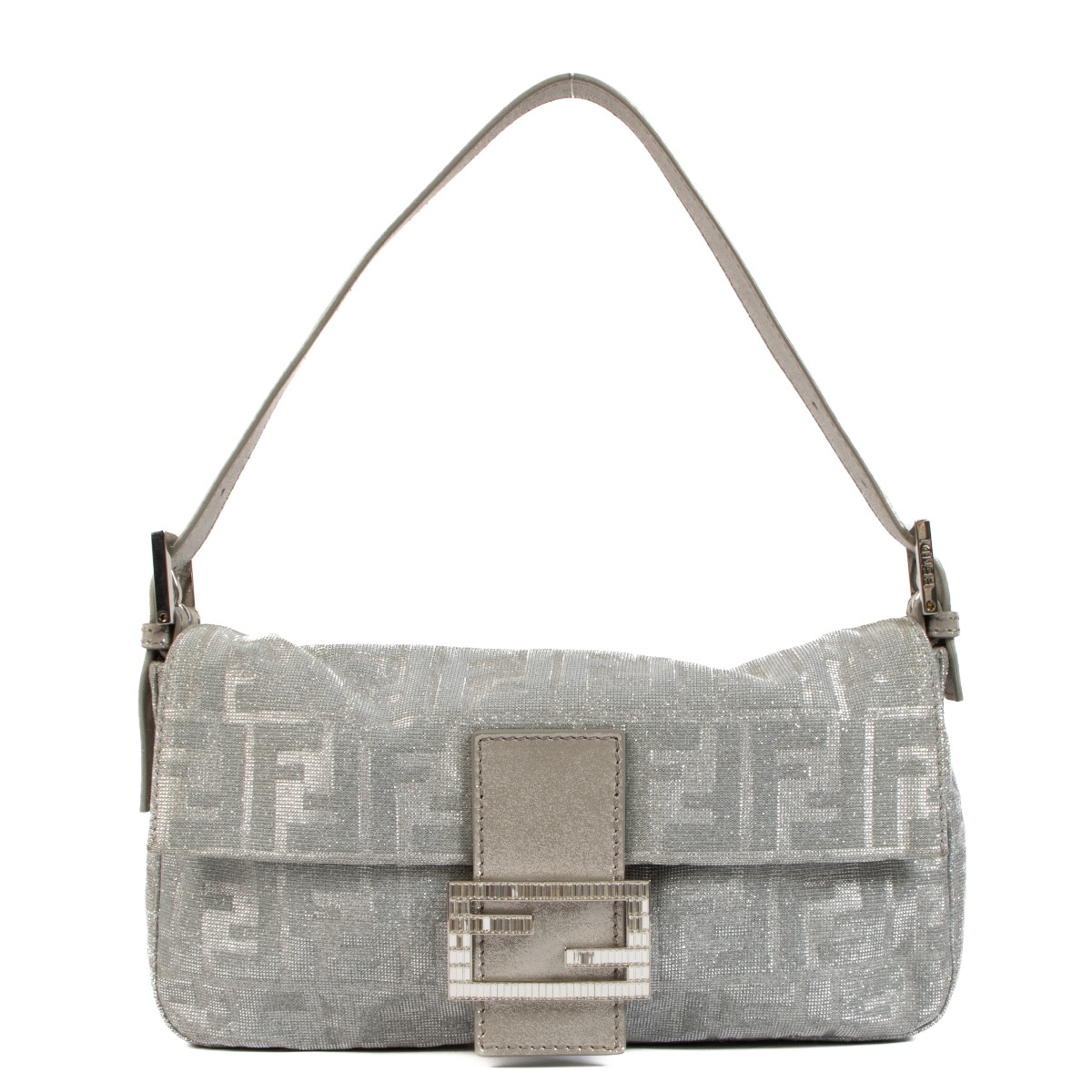 Fendi Silver Crystal Embellished Baguette Shoulder Bag