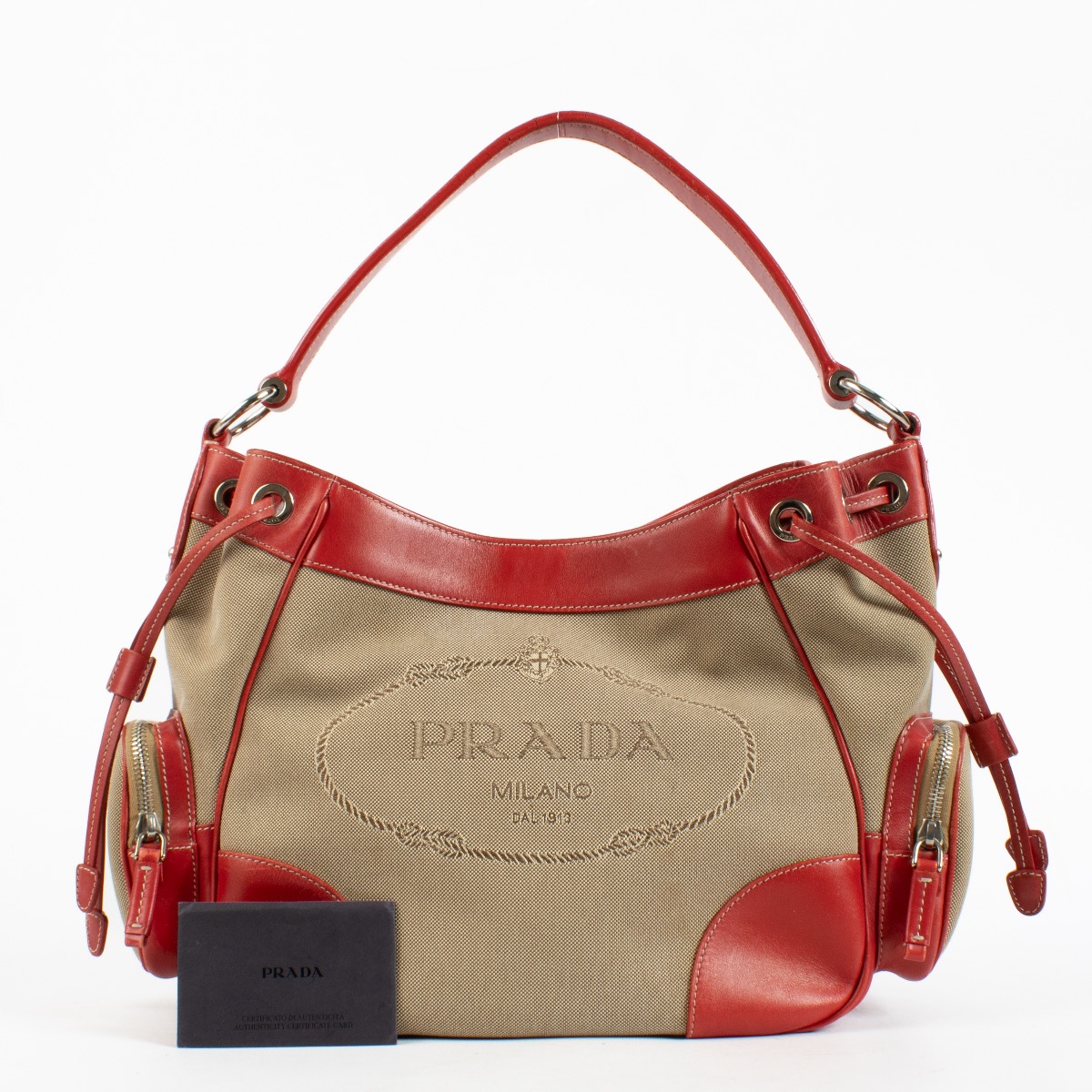 Prada Red Logo Jacquard Canvas Bag ○ Labellov ○ Buy and Sell