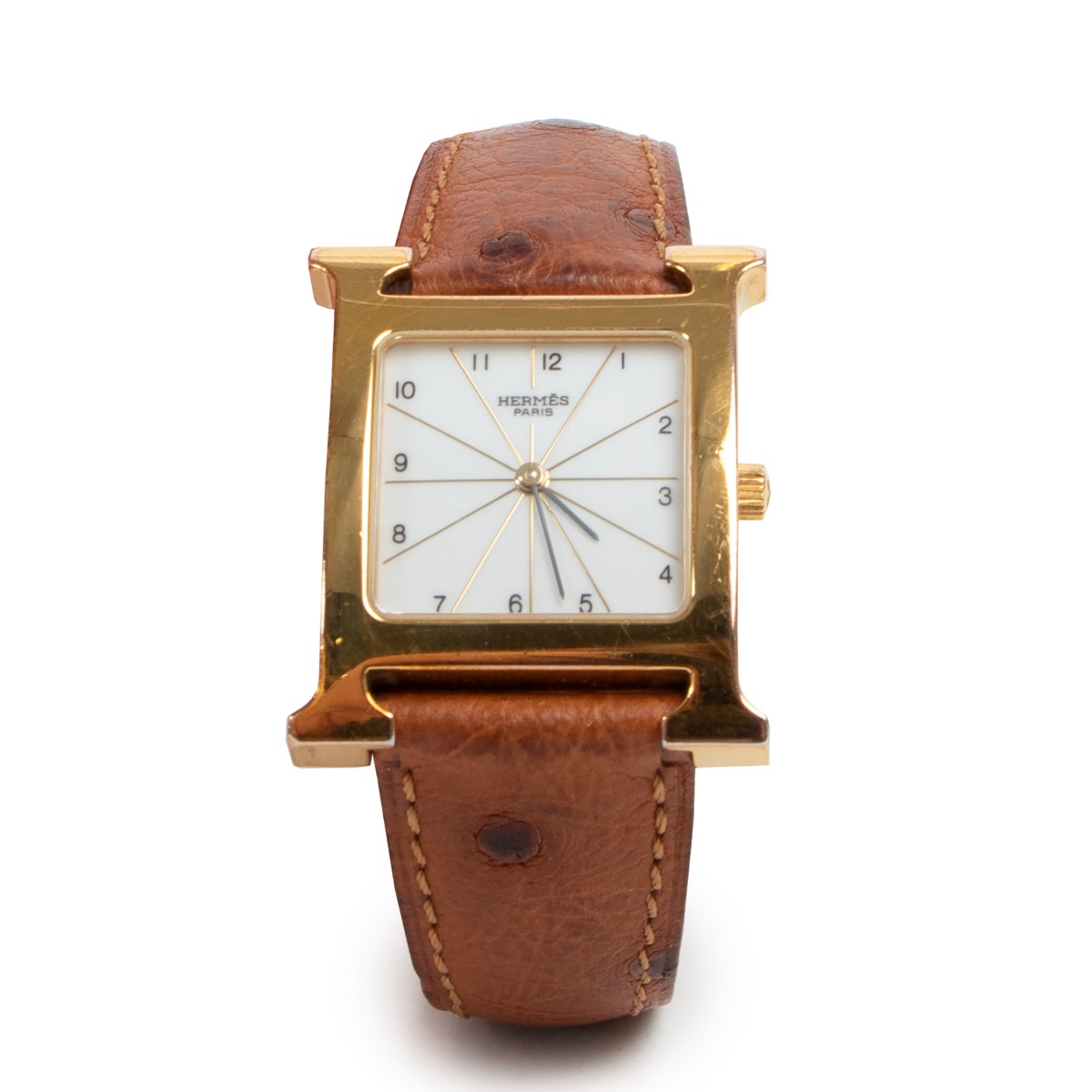 Hermès Heure H Medium Ostrich Strap Gold-Plated Watch ○ Labellov