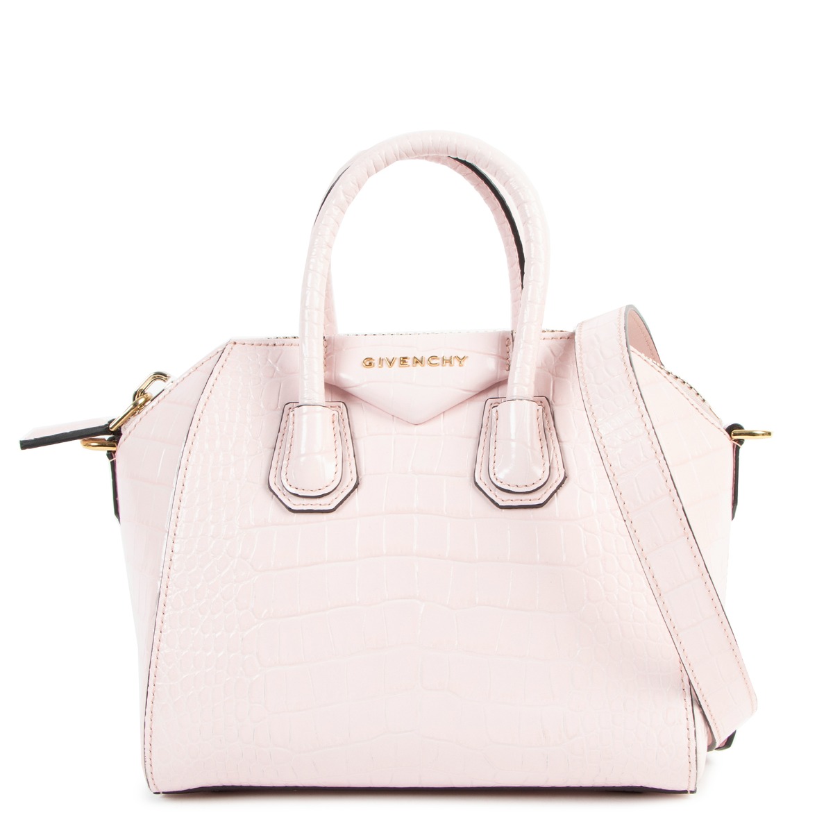 Givenchy Pink Mini Antigona Crocodile Embossed Handbag Labellov