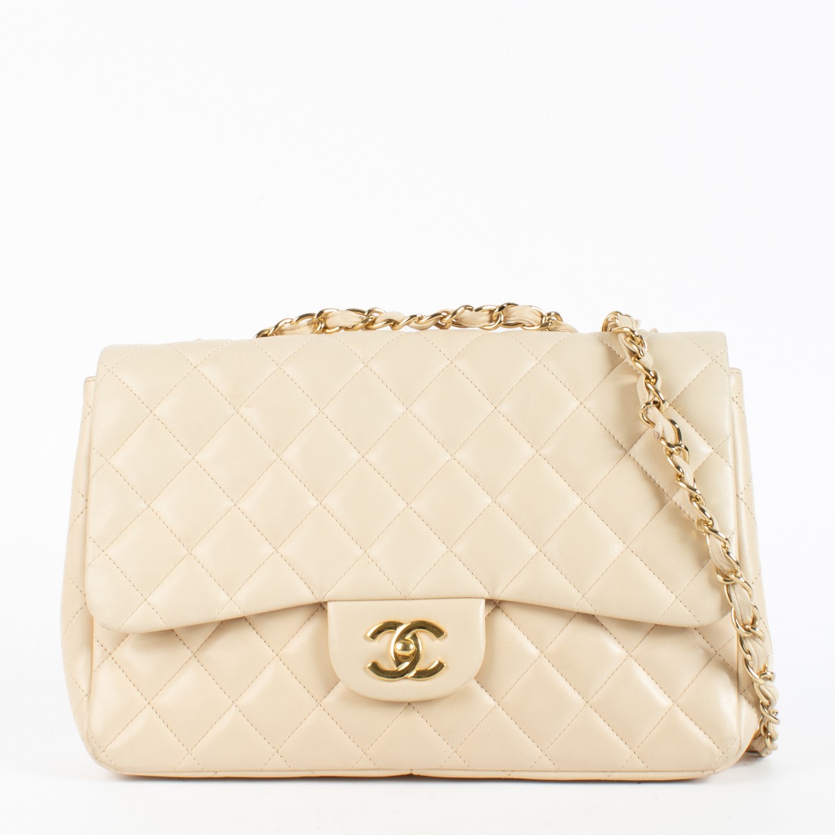 Chanel Classic Large / Jumbo Beige Lambskin Single Flap Bag