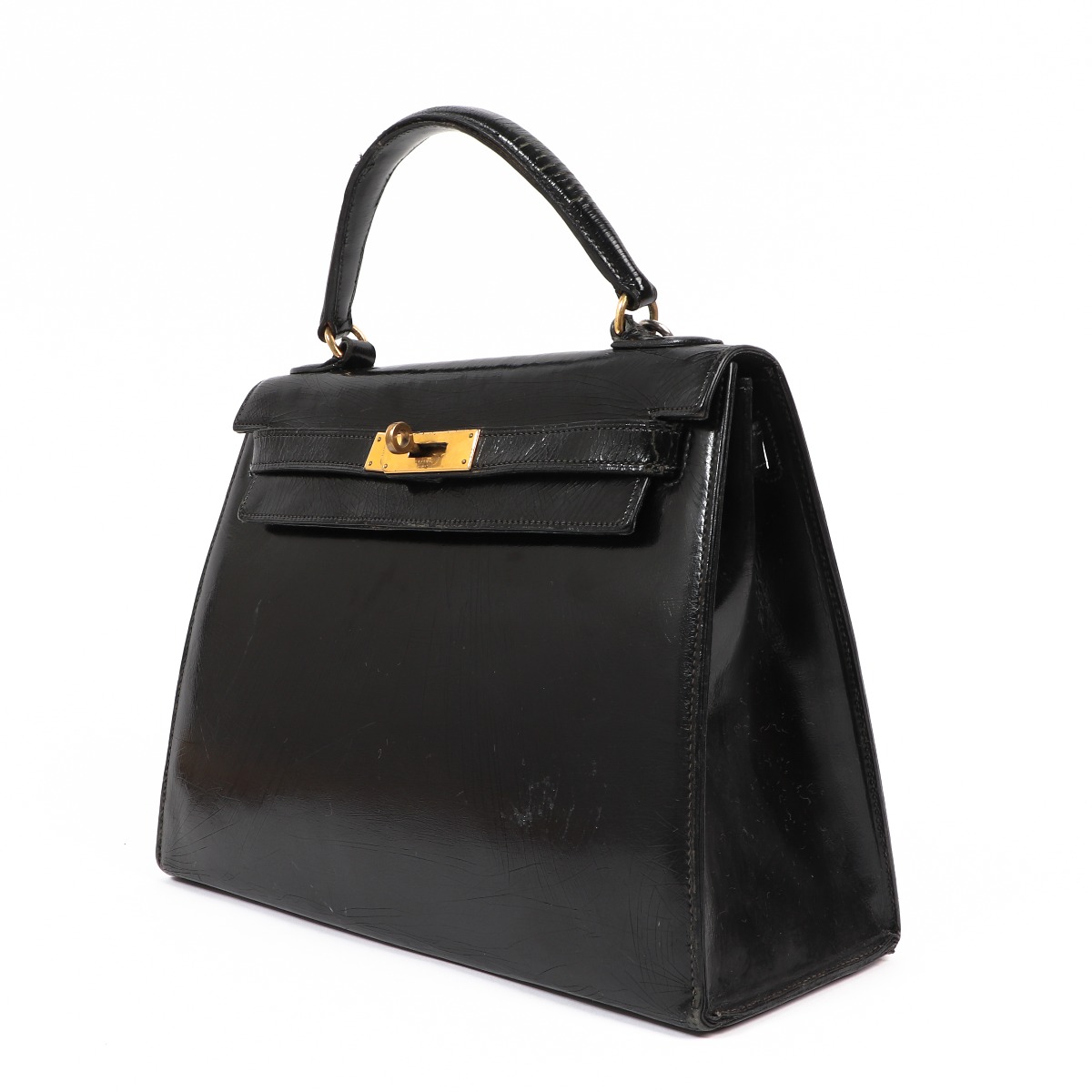 Hermes Vintage Kelly 28 Black Patent Leather Gold Hareware Labellov Buy and Sell Authentic Luxury