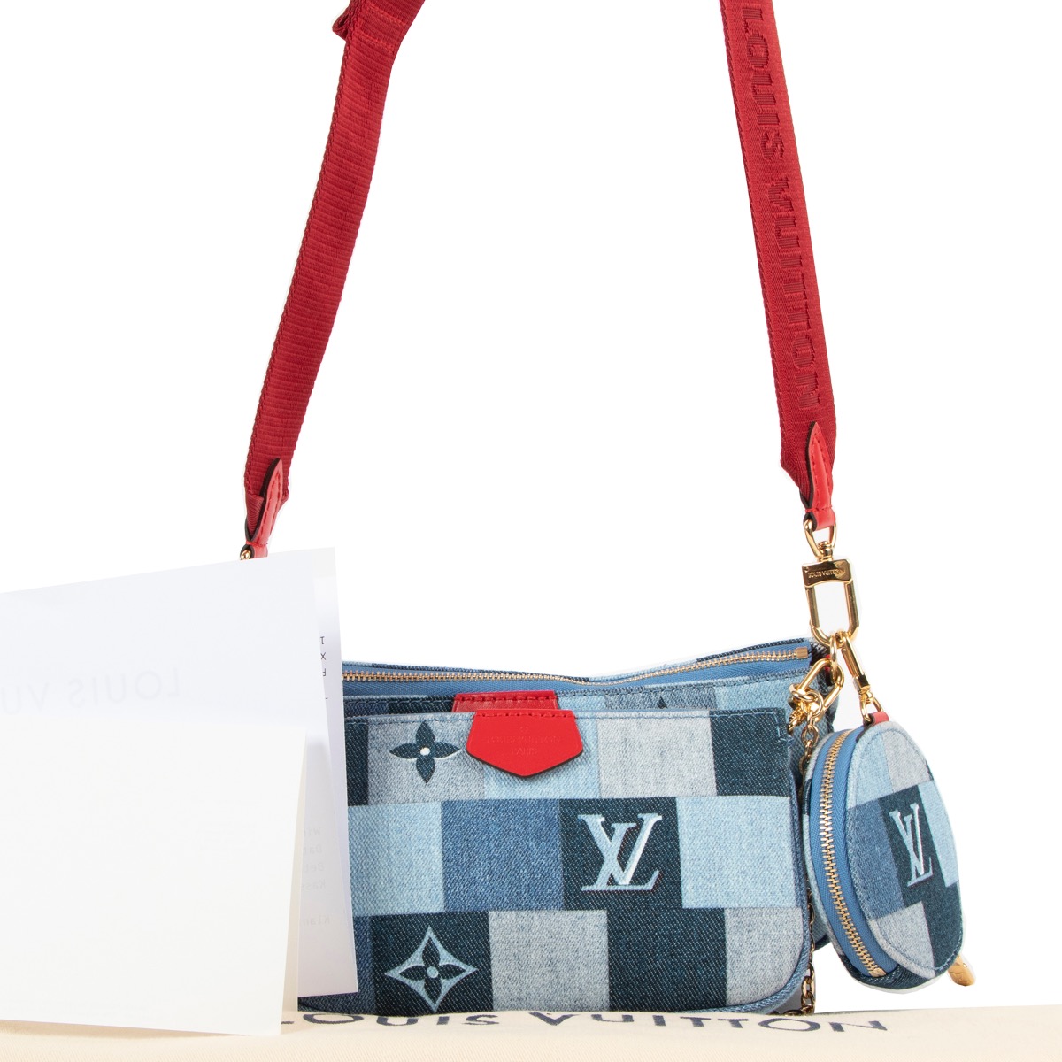 Louis Vuitton Blue and Red Damier Monogram Denim Patchwork Multi Pochette Accesoires Gold Hardware, 2019, Blue/Red Womens Handbag