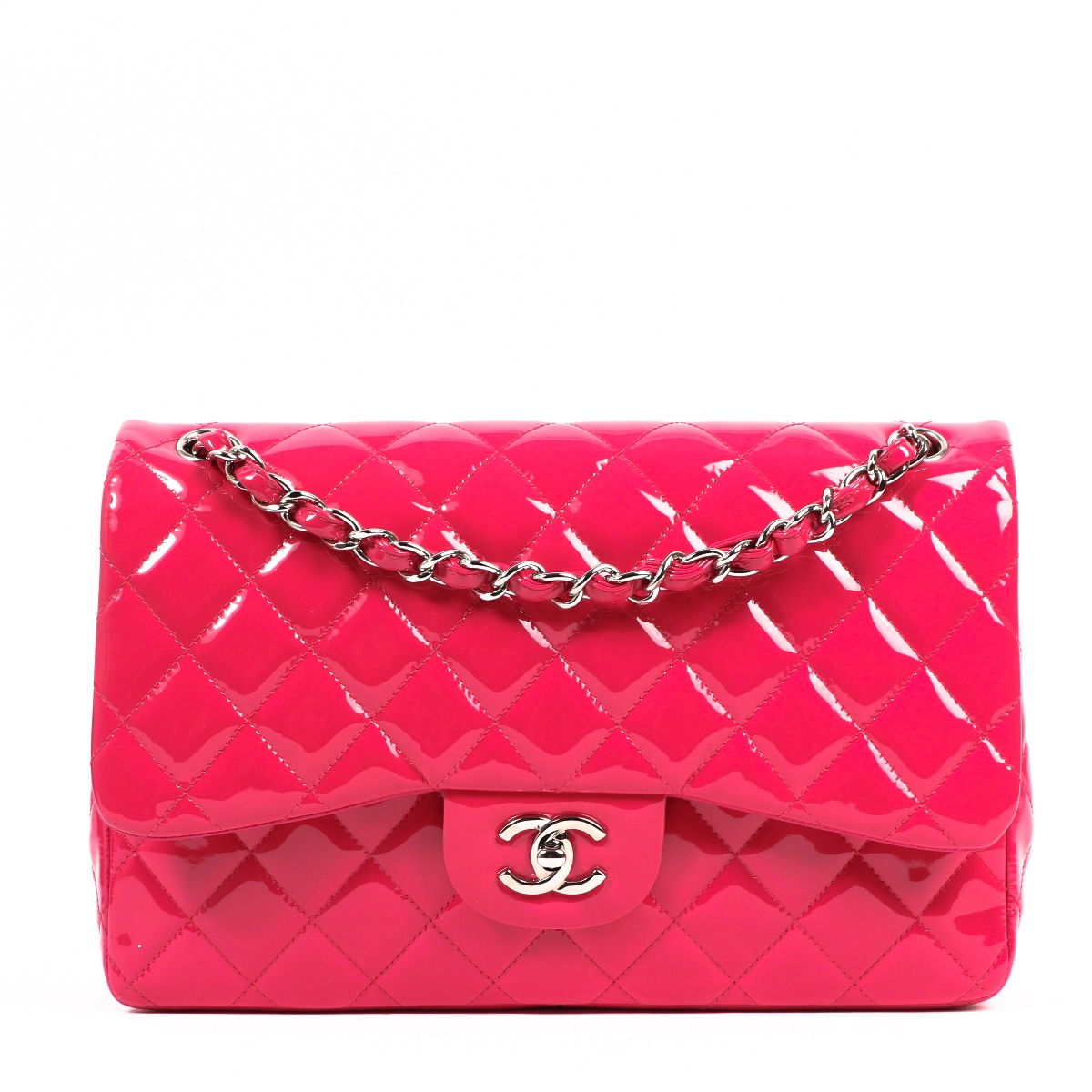 Lot - CHANEL PINK PATENT LEATHER DOUBLE FLAP BAG