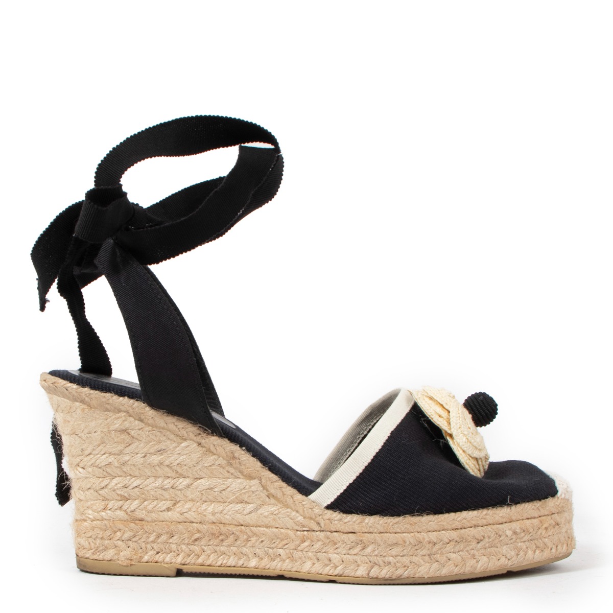 Chanel Black Canvas Camellia Ankle Strap Espadrille Wedges - Size