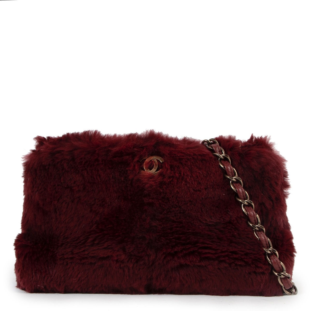 Chanel Vintage Burgundy Rabbit Fur CC Chain Shoulder Bag