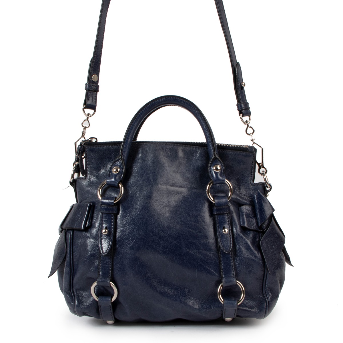 Miu Miu Blue Vitello Lux Bow Small Handbag ○ Labellov