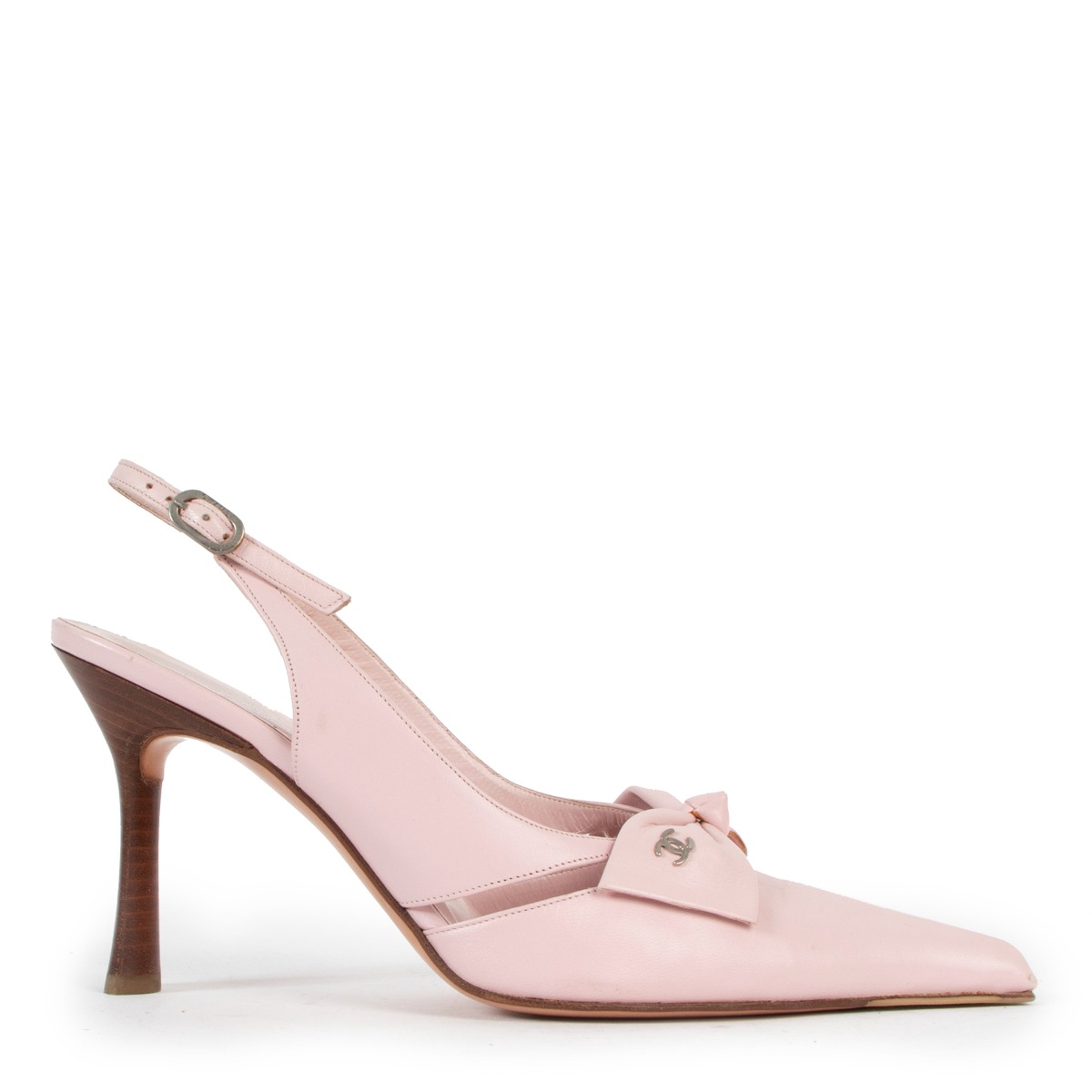 CHANEL Pale Pink Leather Slings Classic CC Logo Bow Heels Shoes Mules -  Chelsea Vintage Couture