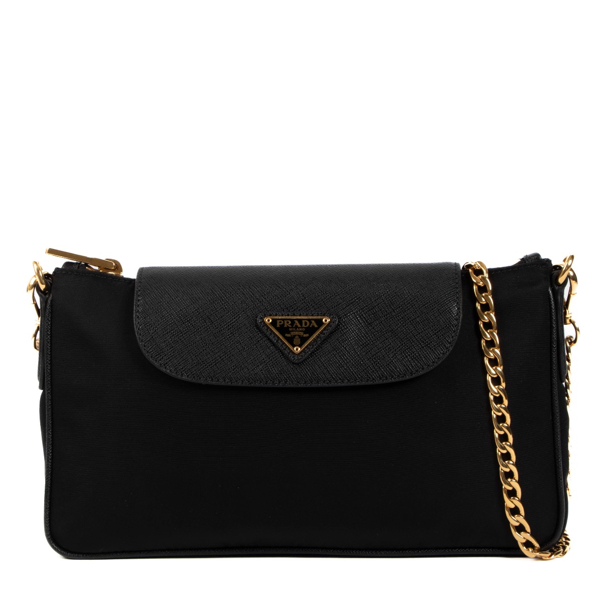 Prada Quilted Black Nylon Bag with Gold Chain Straps Tessuto
