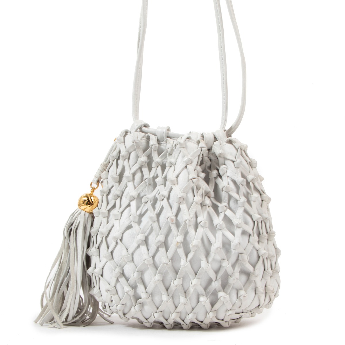 Chanel Vintage White Woven Leather Tassel Bucket Bag ○ Labellov
