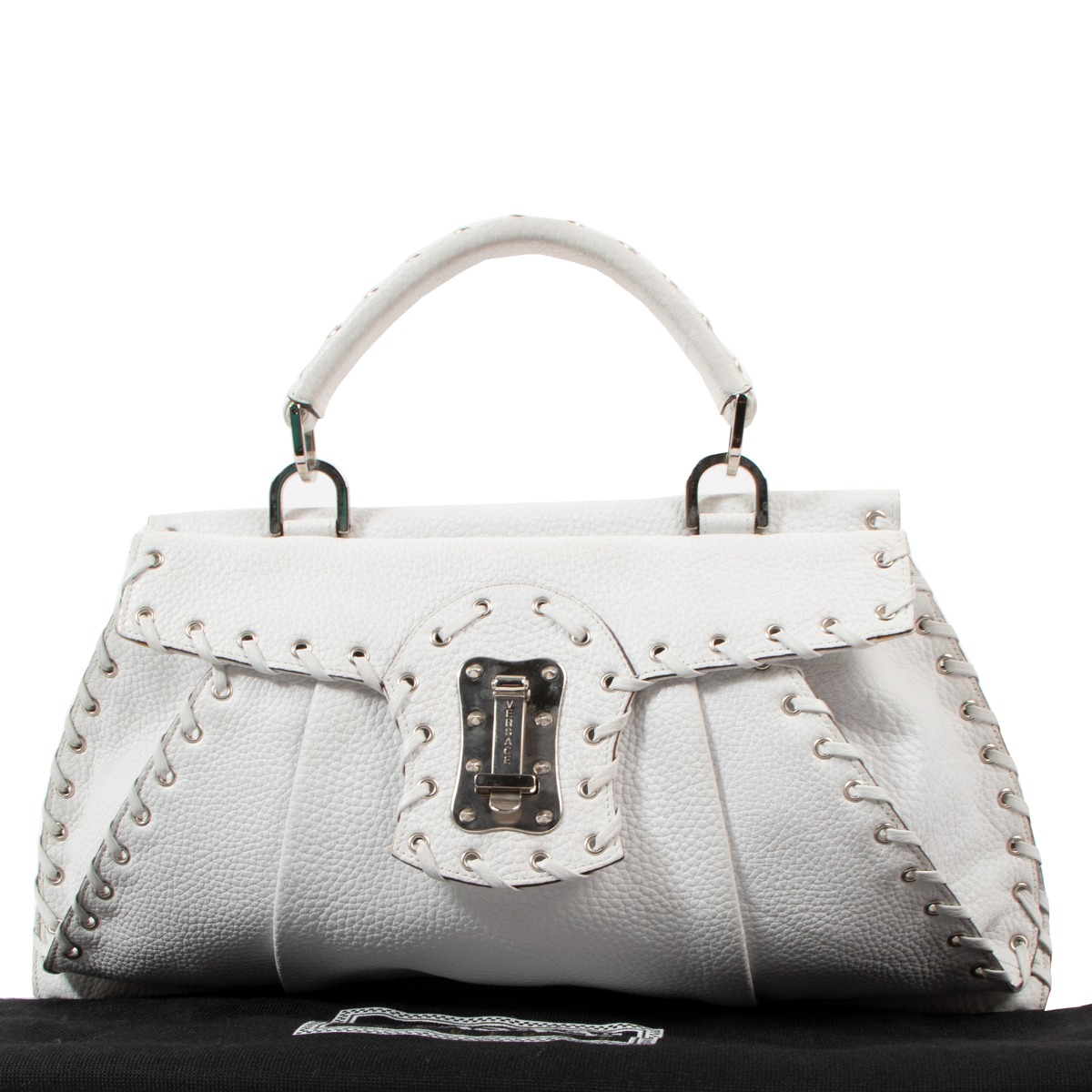 Versace Vintage White Leather Whipstitch Handbag ○ Labellov