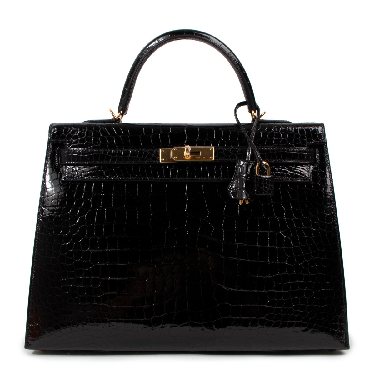Hermès Kelly 35 Black Shiny Porosus Crocodile GHW