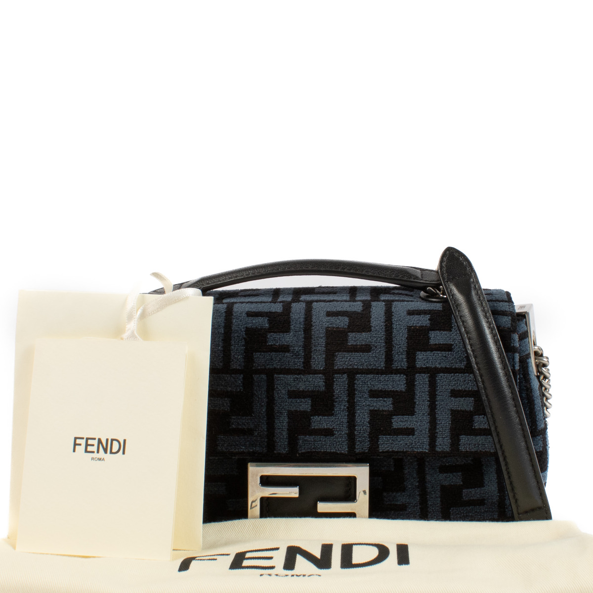 Fendi Black/Blue FF Chenille Baguette Midi Chain Bag