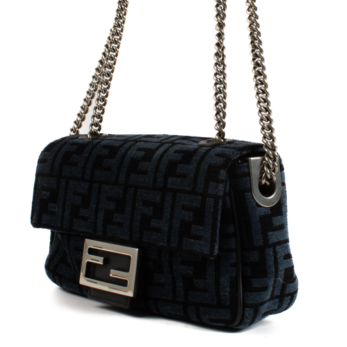 Fendi Black/Blue FF Chenille Baguette Midi Chain Bag