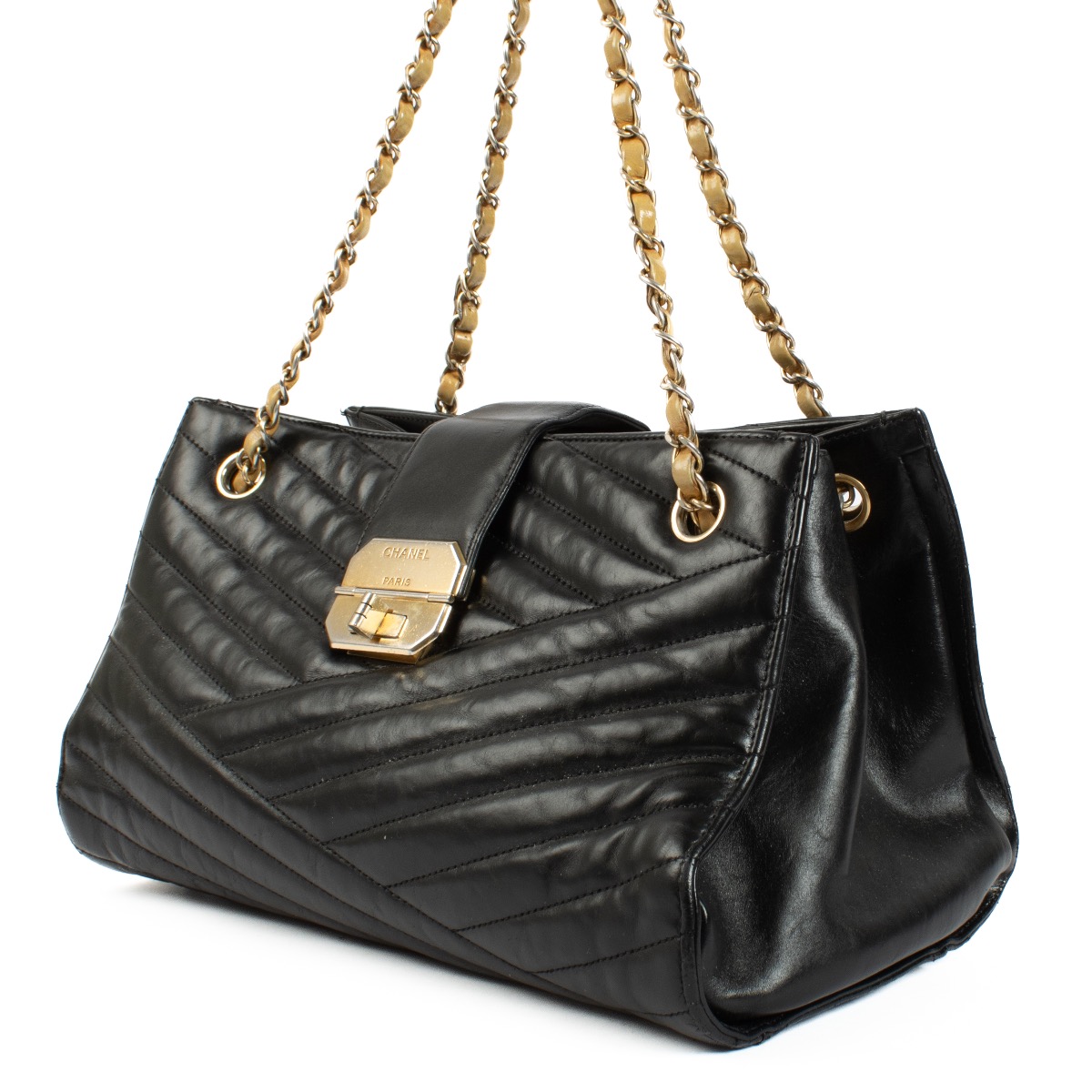 Chanel Black Quilted Herringbone Gabrielle Accordion Chain Bag