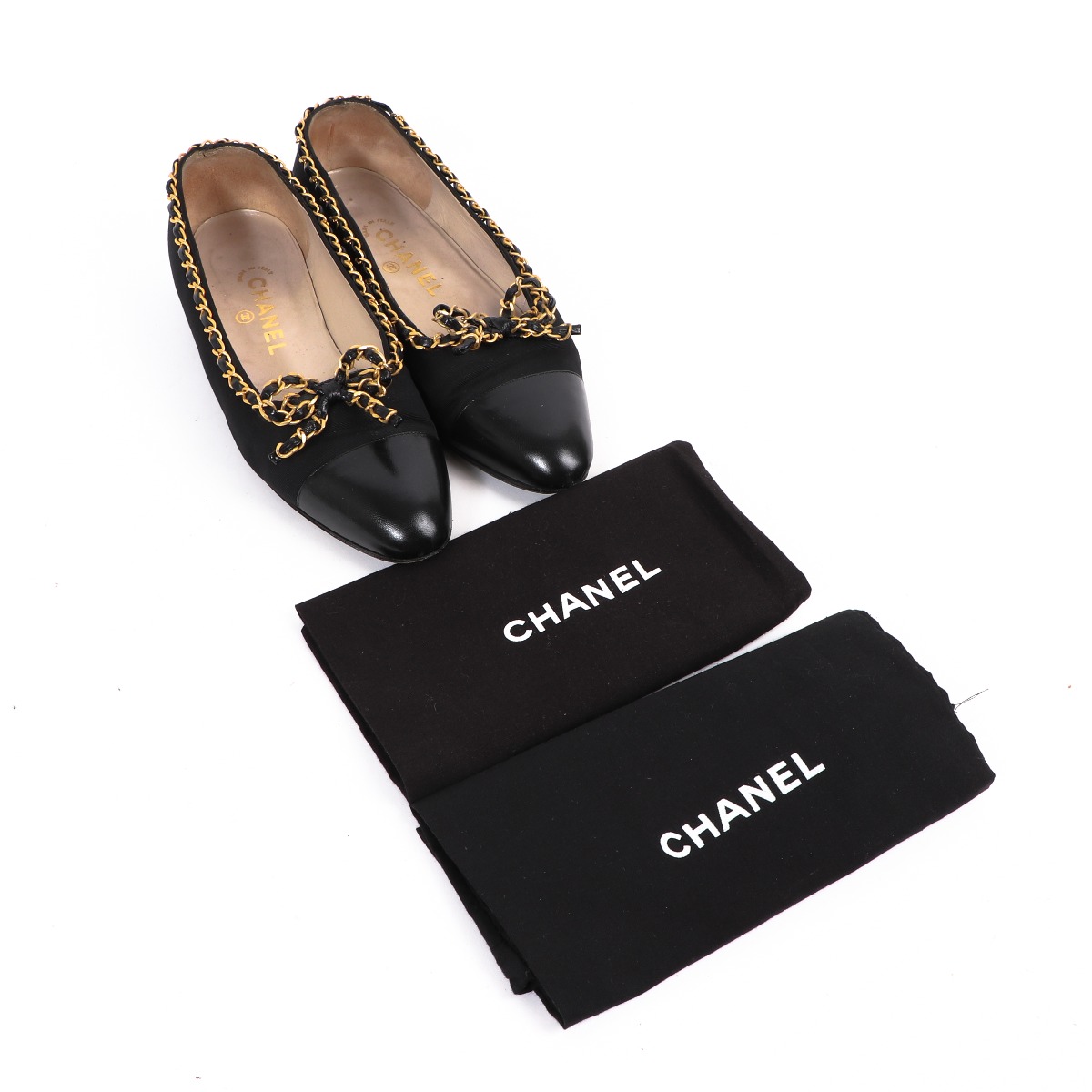 Chanel Black Chain Bow Ballerina Flats - Size 38.5 ○ Labellov