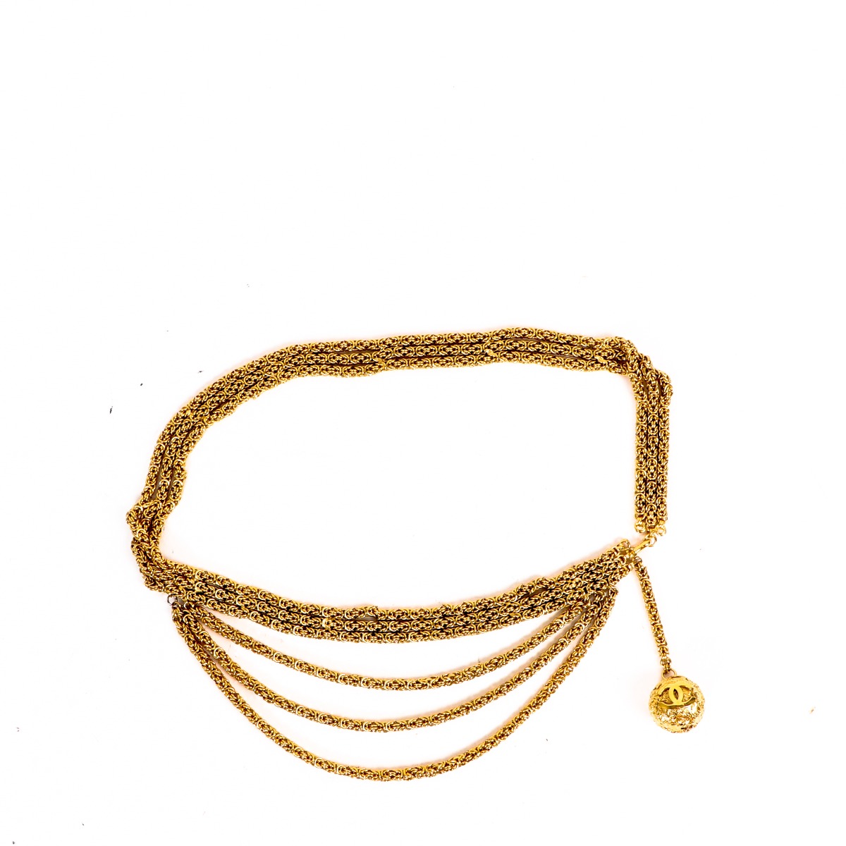 Chanel Vintage Gold CC Ball Pendant Triple Strand Chain Belt
