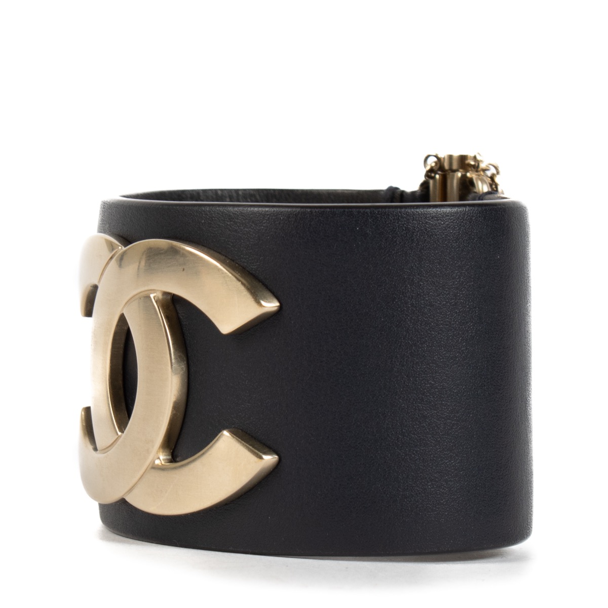 CHANEL 1990's Wide Gold Plated 5 Row Chain Black Leather Cuff Bracelet