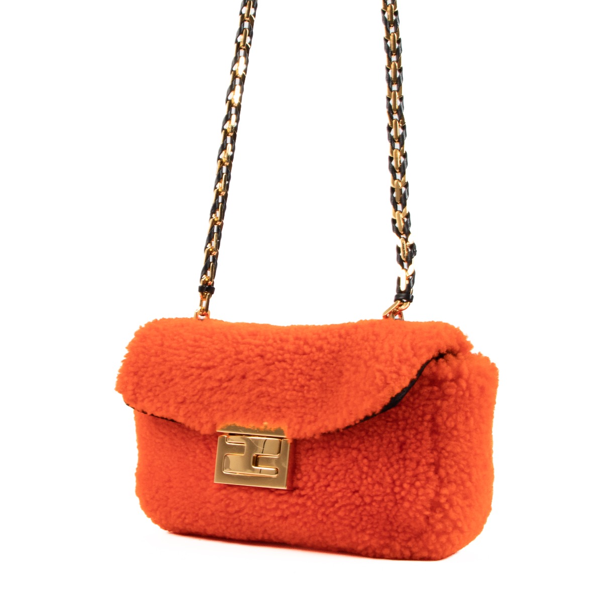 Fendi Orange Shearling Mini Be Baguette Shoulder Bag