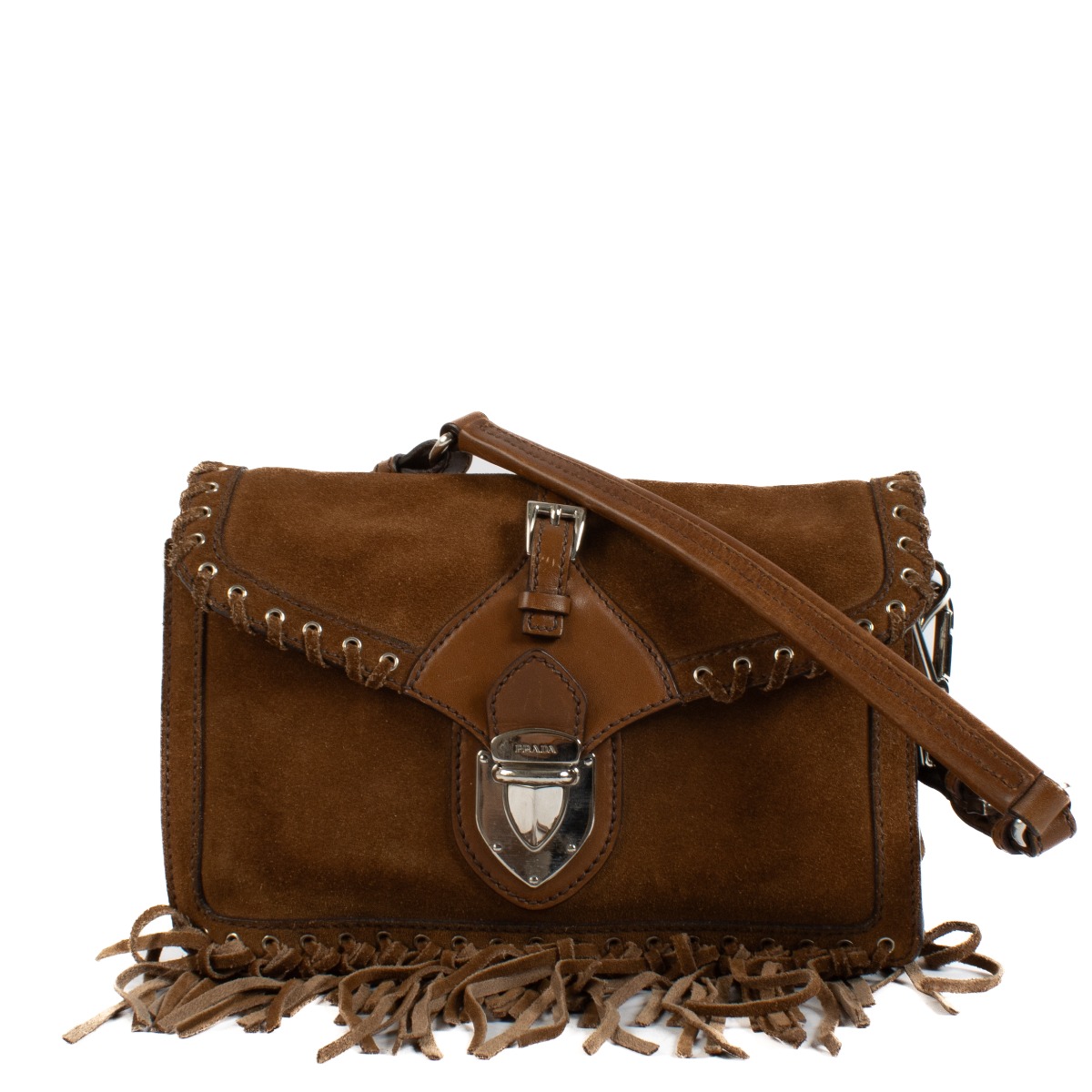 Prada Tabacco Suede Fringe Small Shoulder Bag ○ Labellov ○ Buy