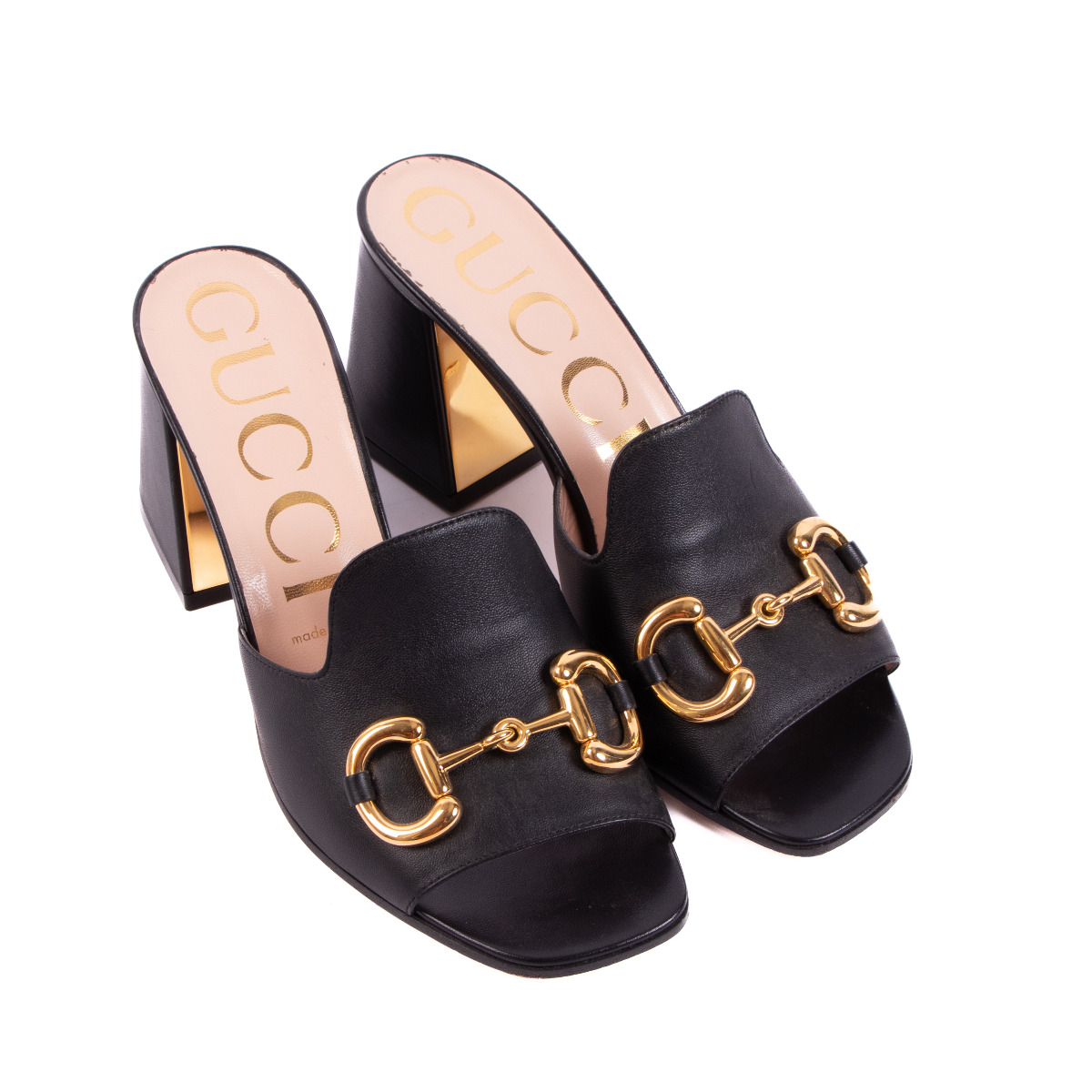 Gucci Black Leather Horsebit Sandal Slides - size 38