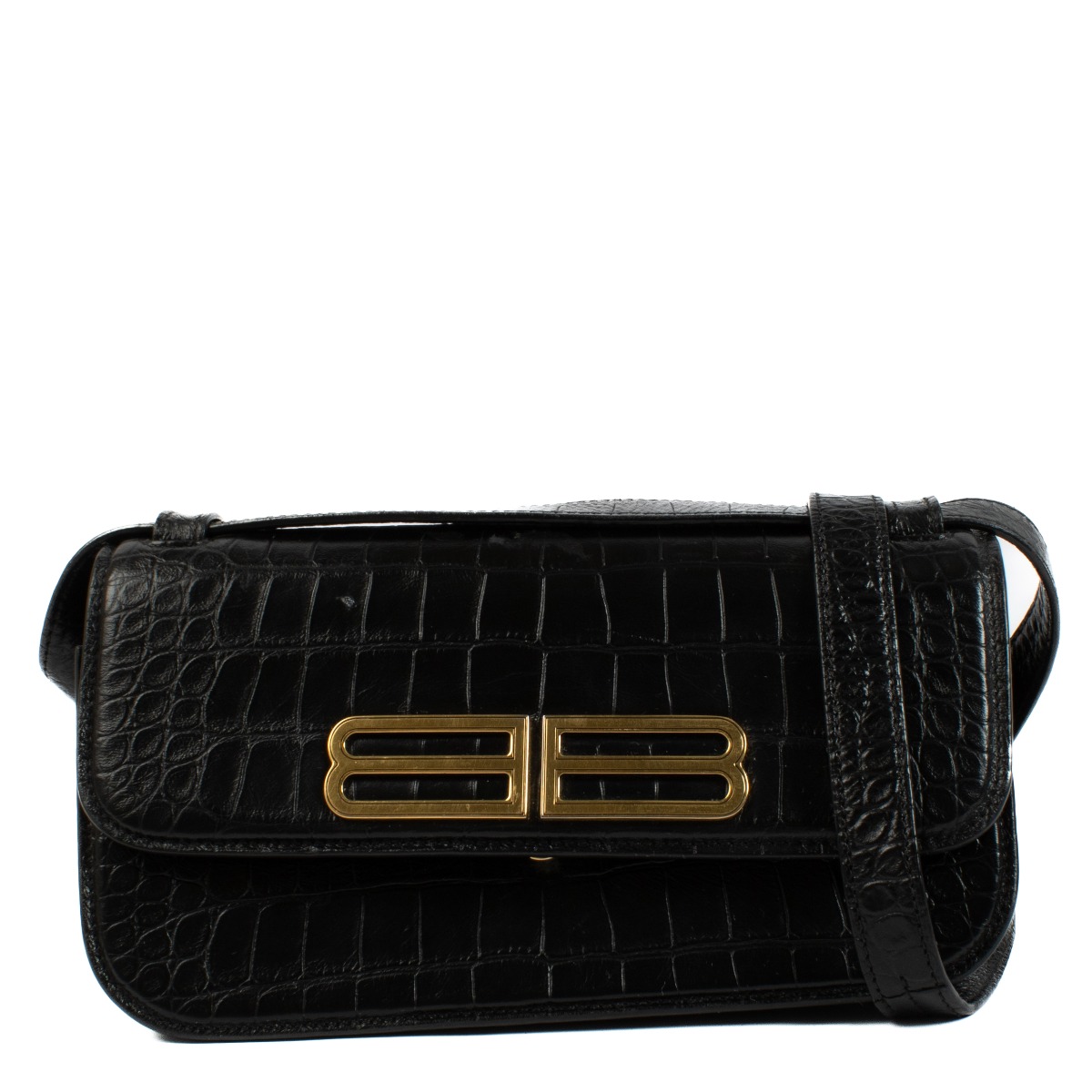 【VIP価格】BALENCIAGA Crocodile Leather Crossbody Bag Hourglass Small croc-effect leather crossbody bag in black