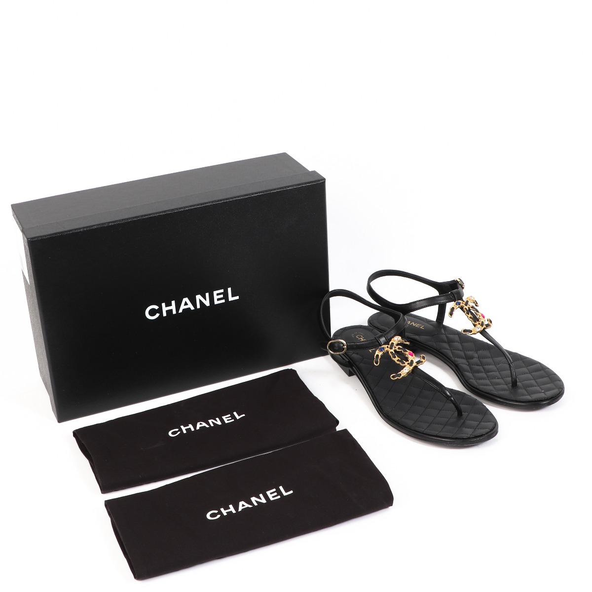 Chanel Black Lambskin Jewelled CC Sandals - Size 39