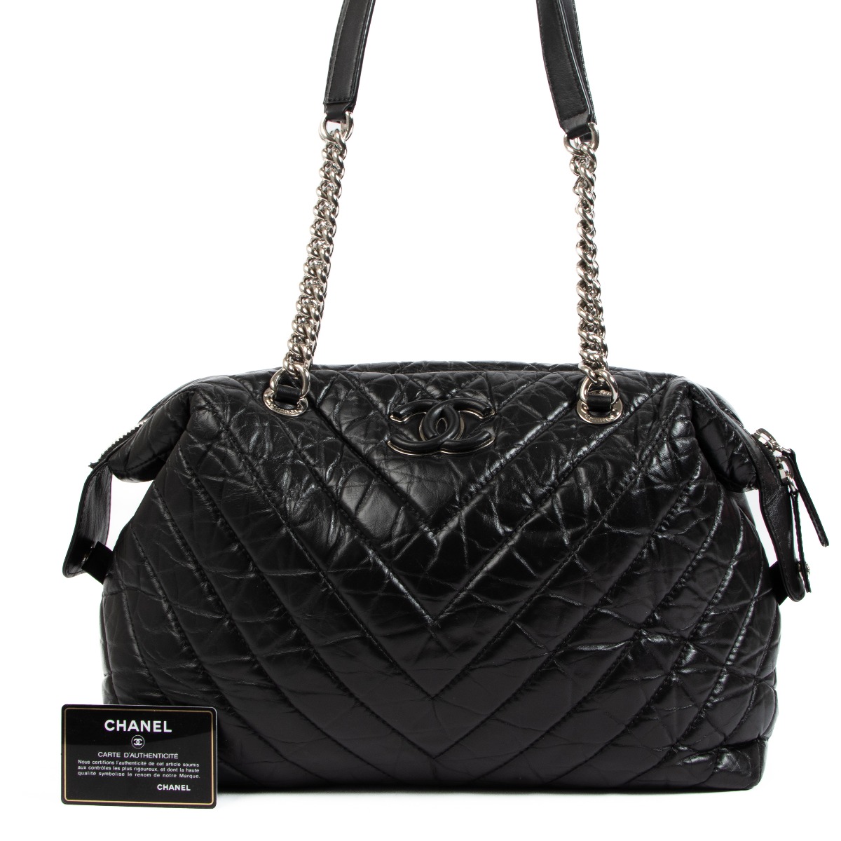 Chanel Black Chevron Aged Calfskin Bowling Bag ○ Labellov ○ Buy