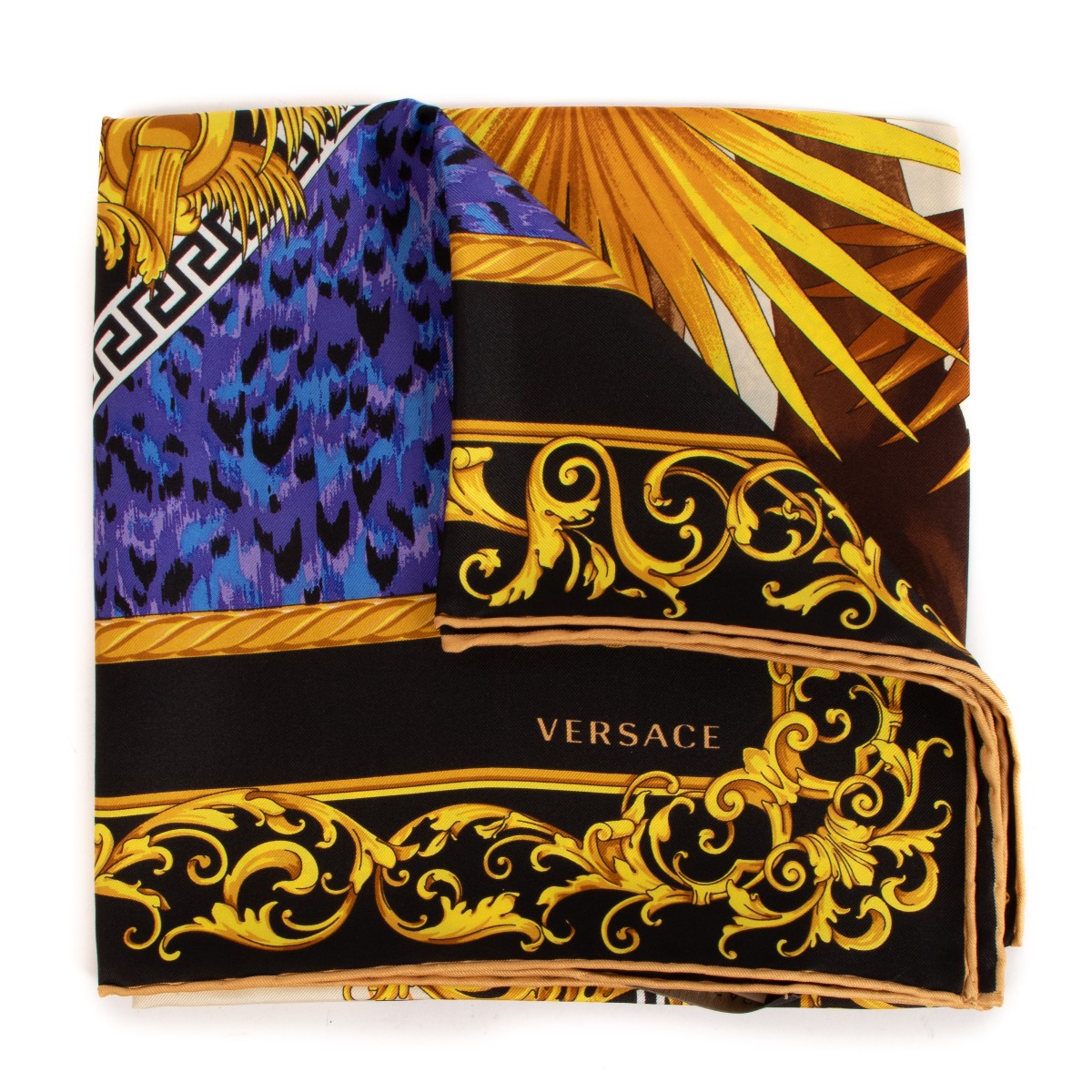 Versace Gold Blue Jungle Lion Silk Scarf Labellov Buy and