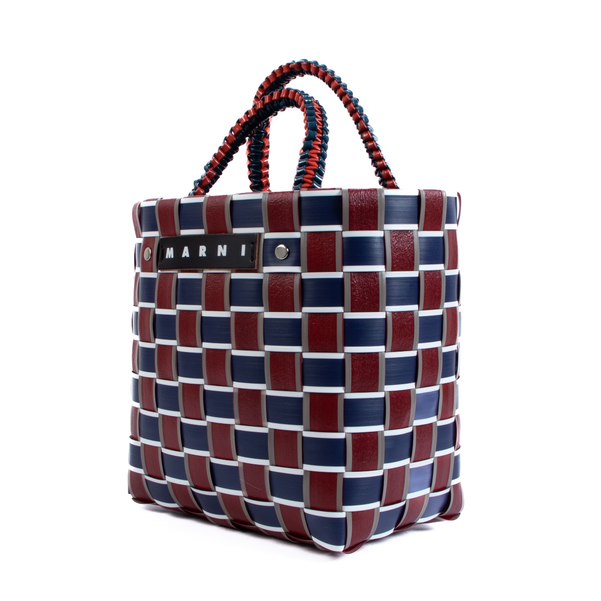 安価 Marni Burgundy and Blue Woven Leather Basket ○ Labellov バッグ
