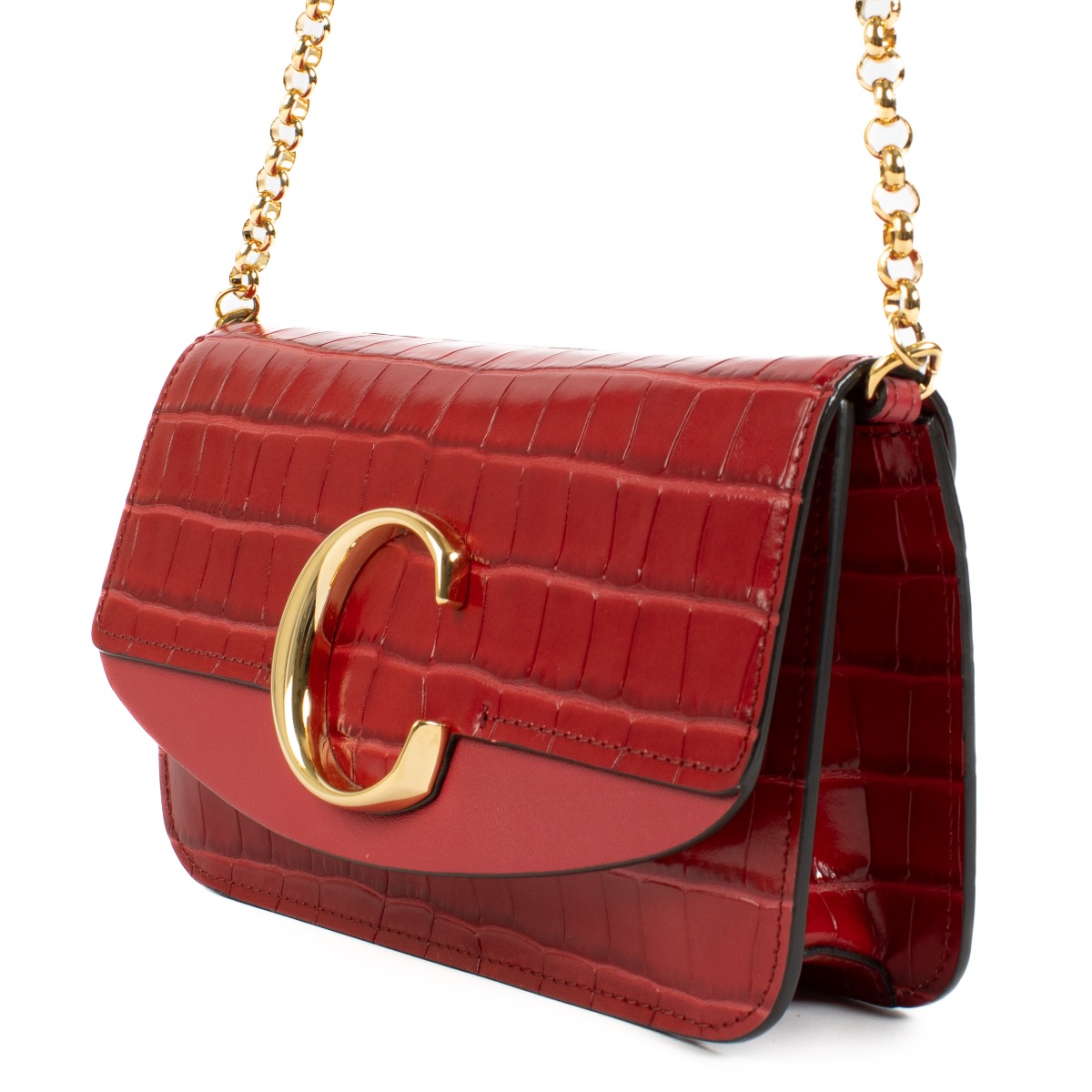Chloé Dusky Red Crocodile Embossed C Chain Clutch Bag ○ Labellov