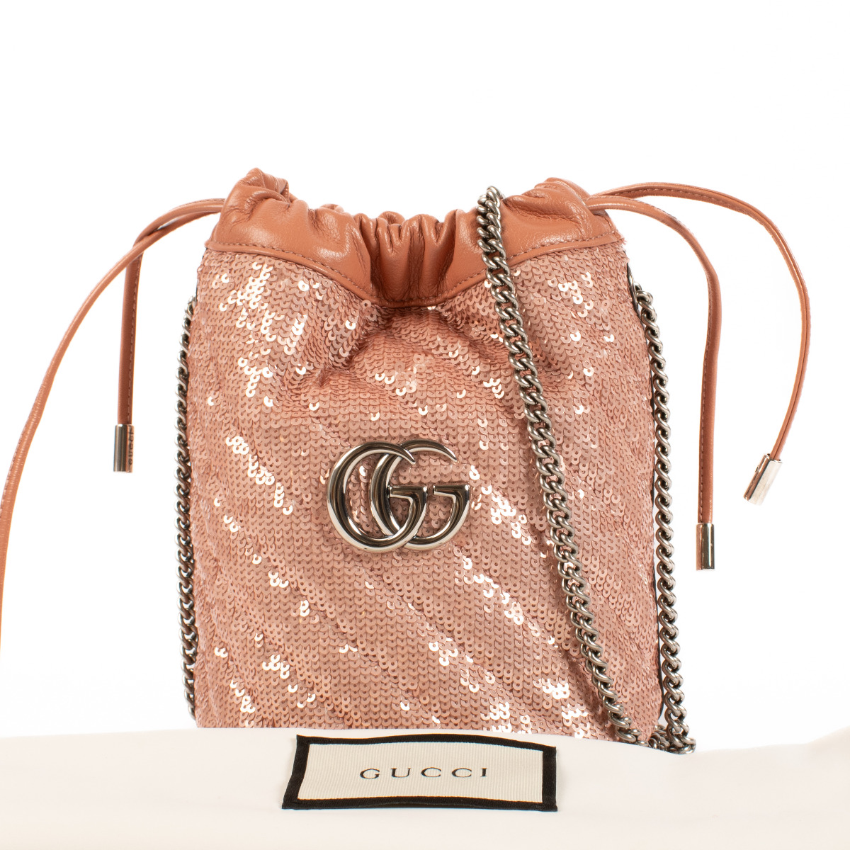 Gucci Dusty Pink Sequin GG Marmont Mini Bucket Bag Labellov Buy and Sell Authentic Luxury