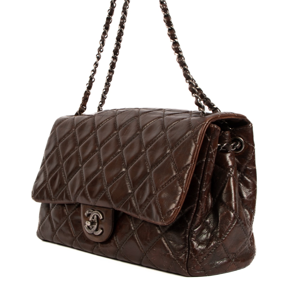 Chanel Brown Crumpled Calfskin Accordion Large Classic Flap Bag Labellov Buy and Sell Authentic Luxury