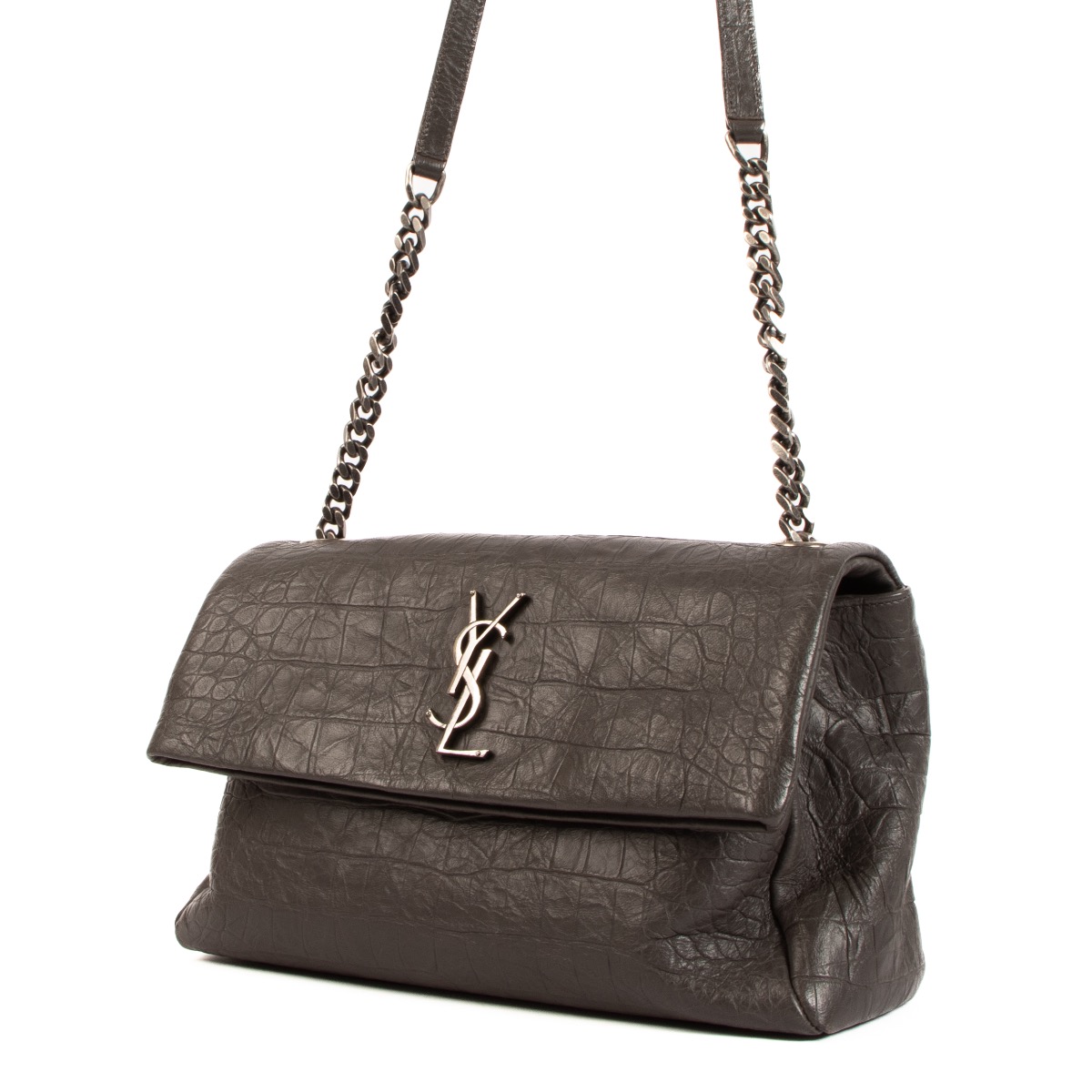 Saint Laurent Grey Croco Embossed West Hollywood Shoulder