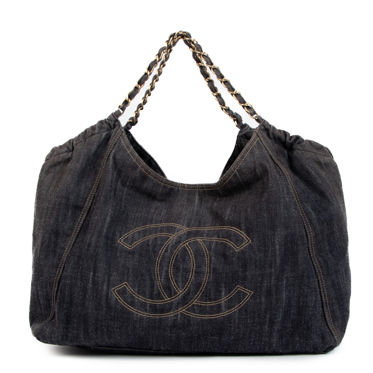 NEW CHANEL HOBO LOGO CC HANDBAG IN BLUE DENIM JEANS 32CM HAND BAG PURSE  ref.650141 - Joli Closet