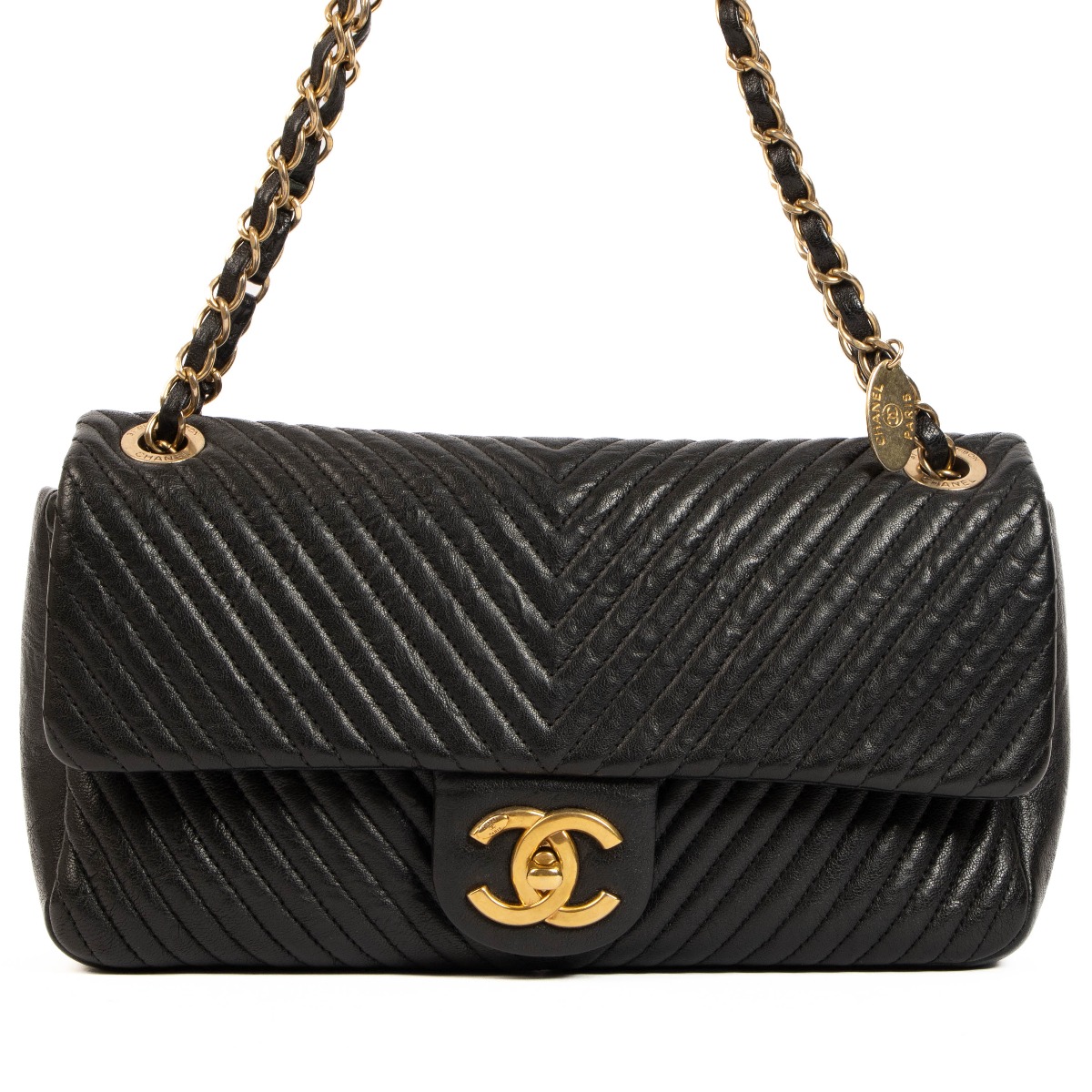 Chanel Black Chevron Wrinkled Goatskin Medallion Charm Flap