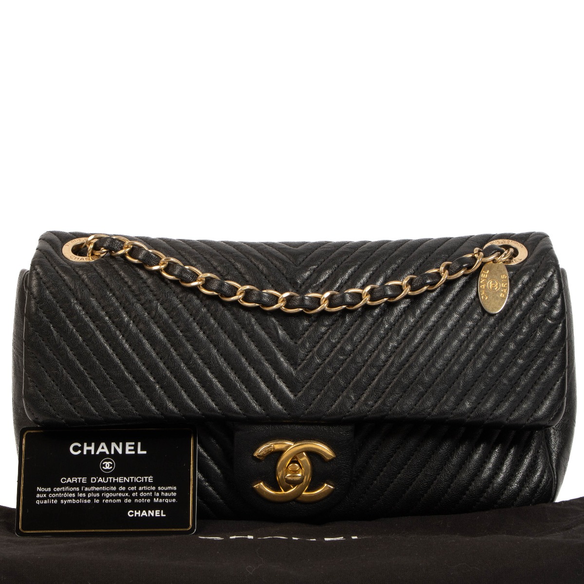 CHANEL Surpique Chevron Calfskin Classic Flap Shoulder Bag Black