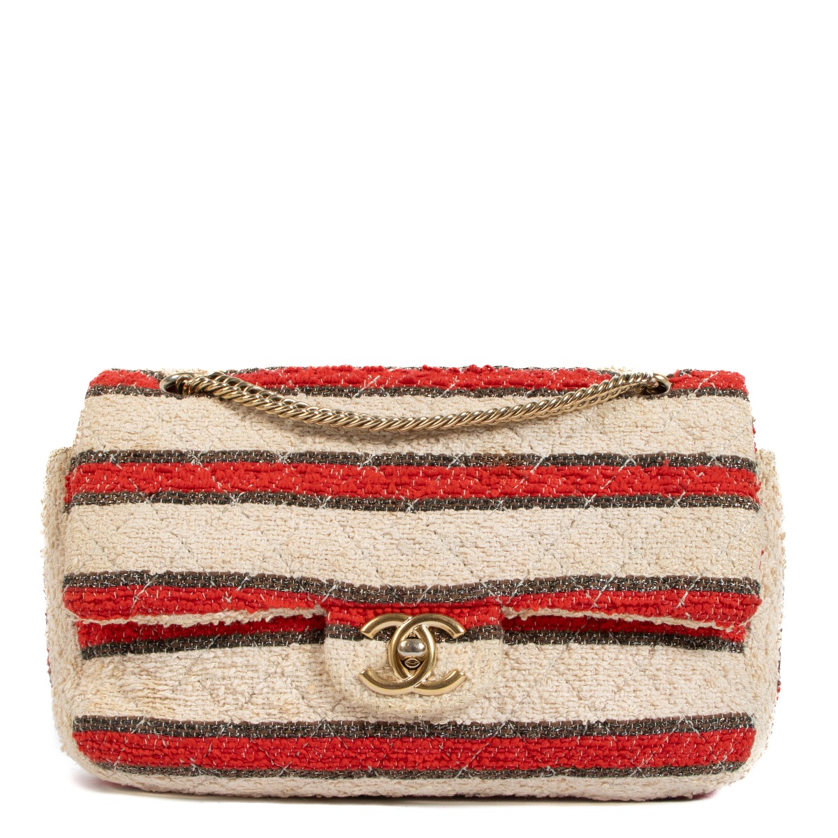 Chanel Red and Beige Striped Classic Flap Bag