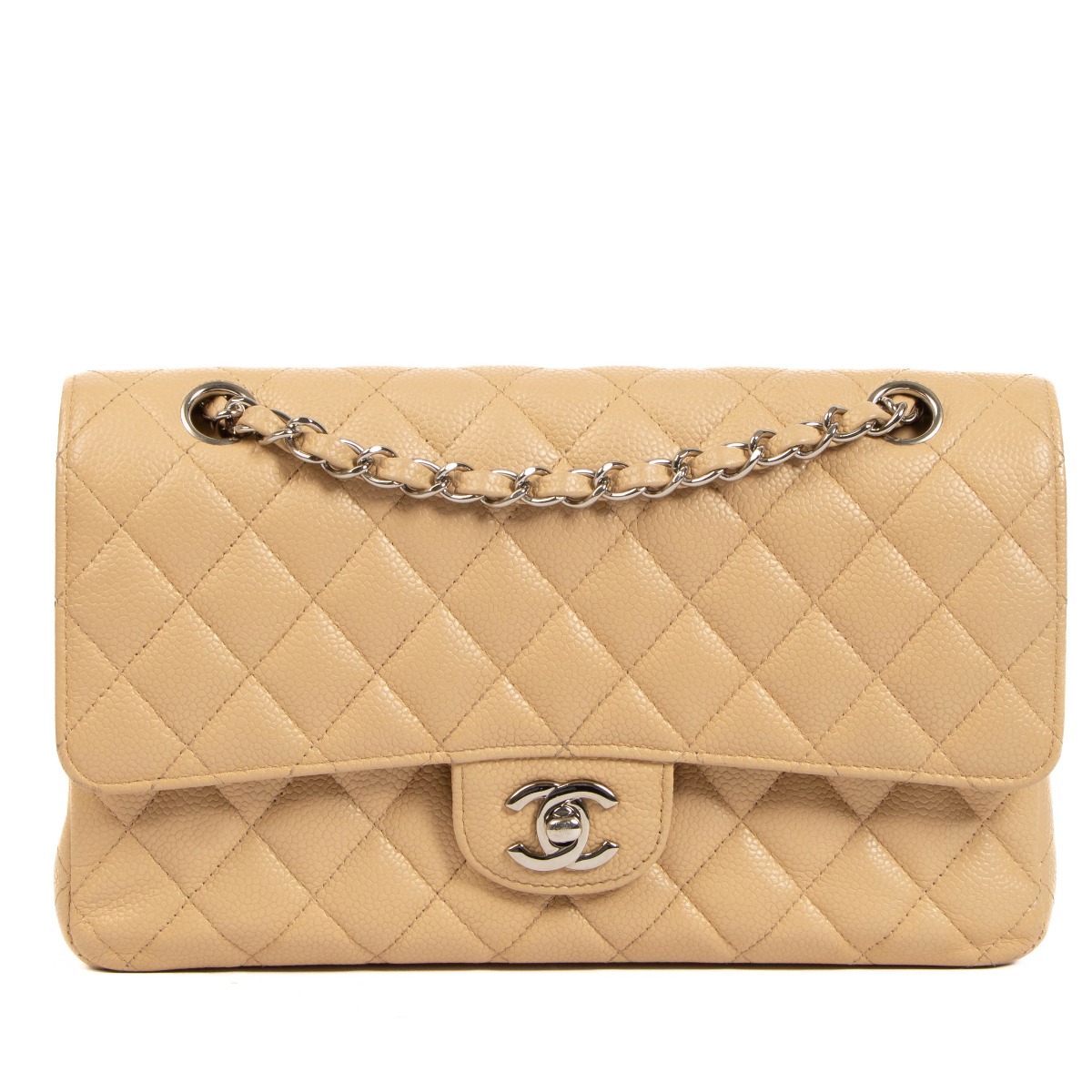 Chanel Beige Caviar Leather Medium Classic Flap Bag Labellov