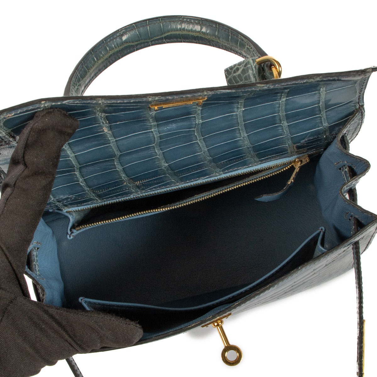 Hermès Kelly 25 Bleu Jean Shiny Alligator Mississippiensis