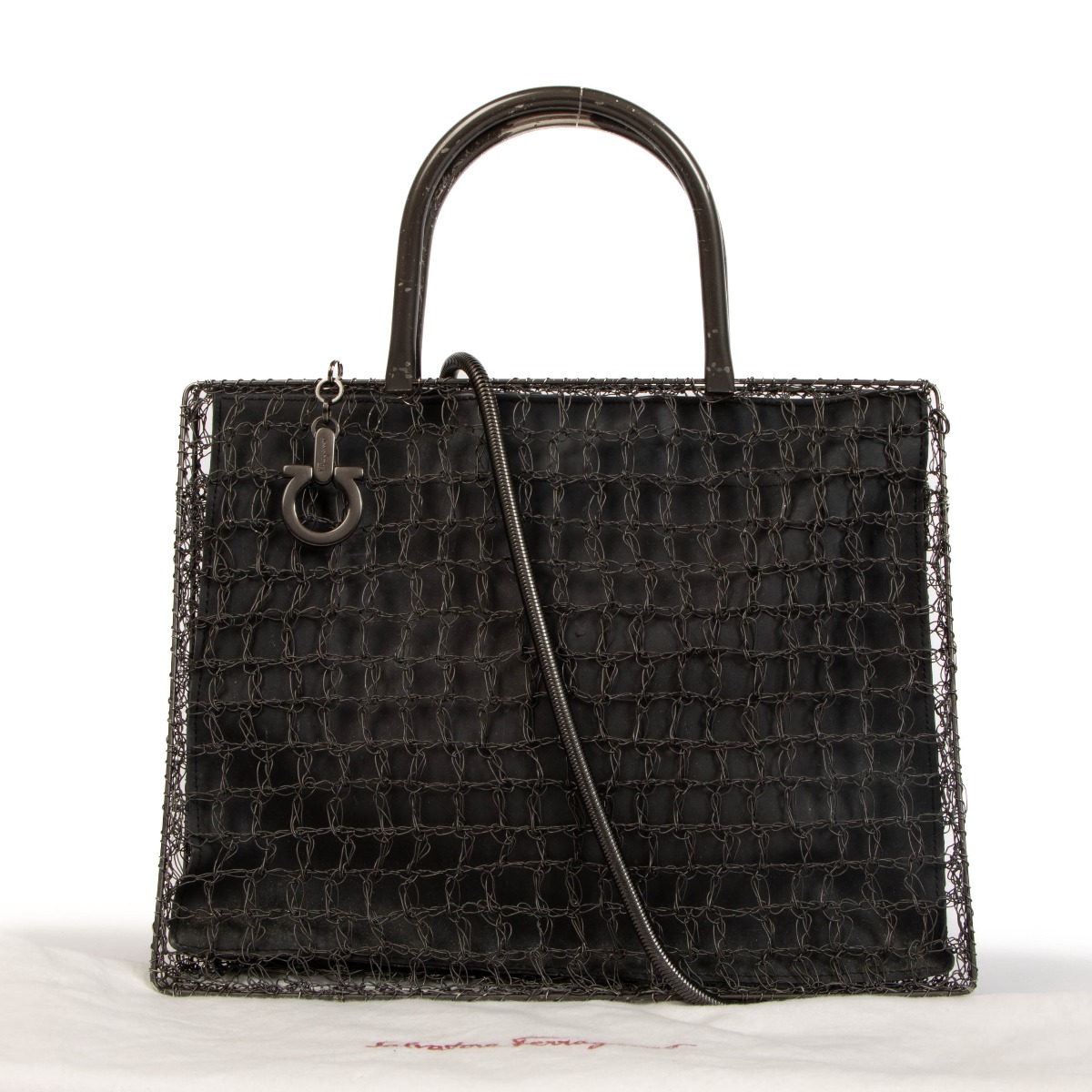 Ferragamo Grey Crochet Metal Mesh Crossbody Bag ○ Labellov
