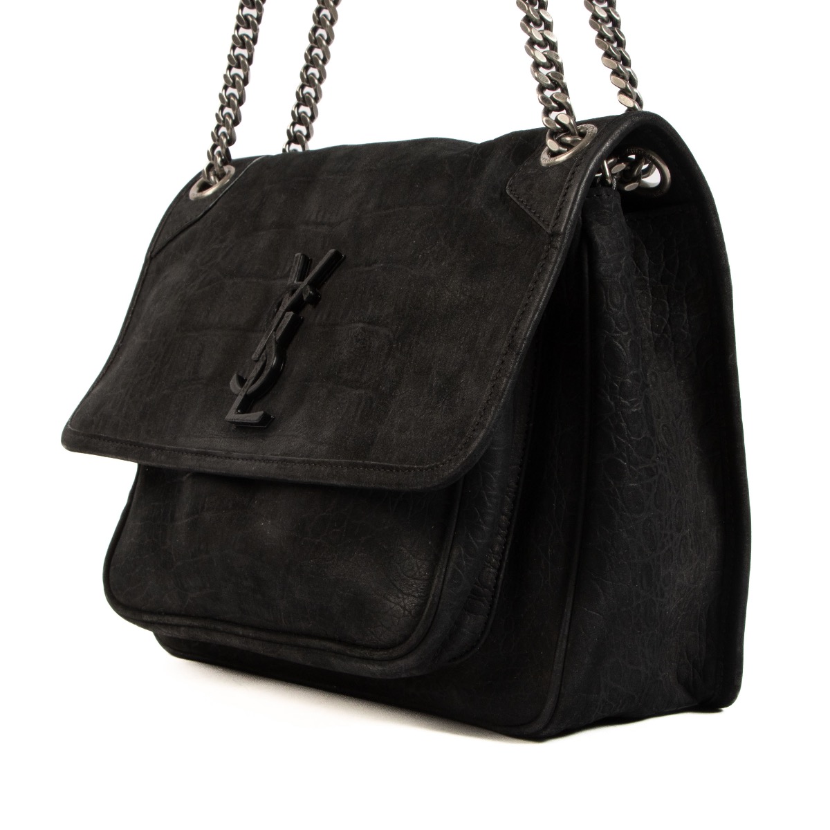 Saint Laurent Black Croc Embossed Nubuck Medium Niki Bag