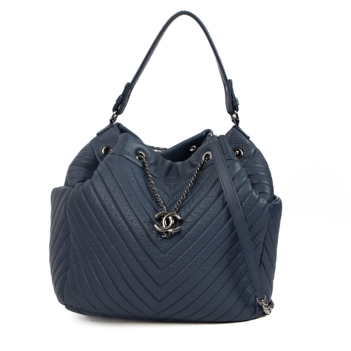 Chanel Blue Chevron Deerskin Urban Spirit Chain Bucket Bag