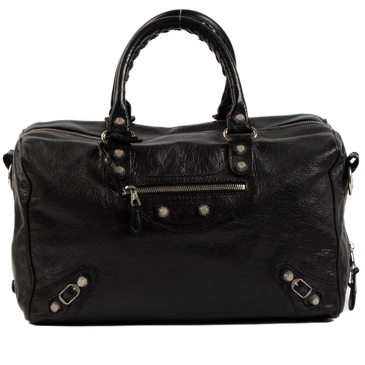 Balenciaga Black Arena Leather Giant Polly Boston Bag