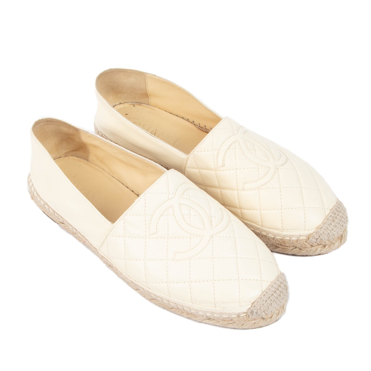 Chanel Cream Quilted Leather CC Espadrilles Flats - Size 39