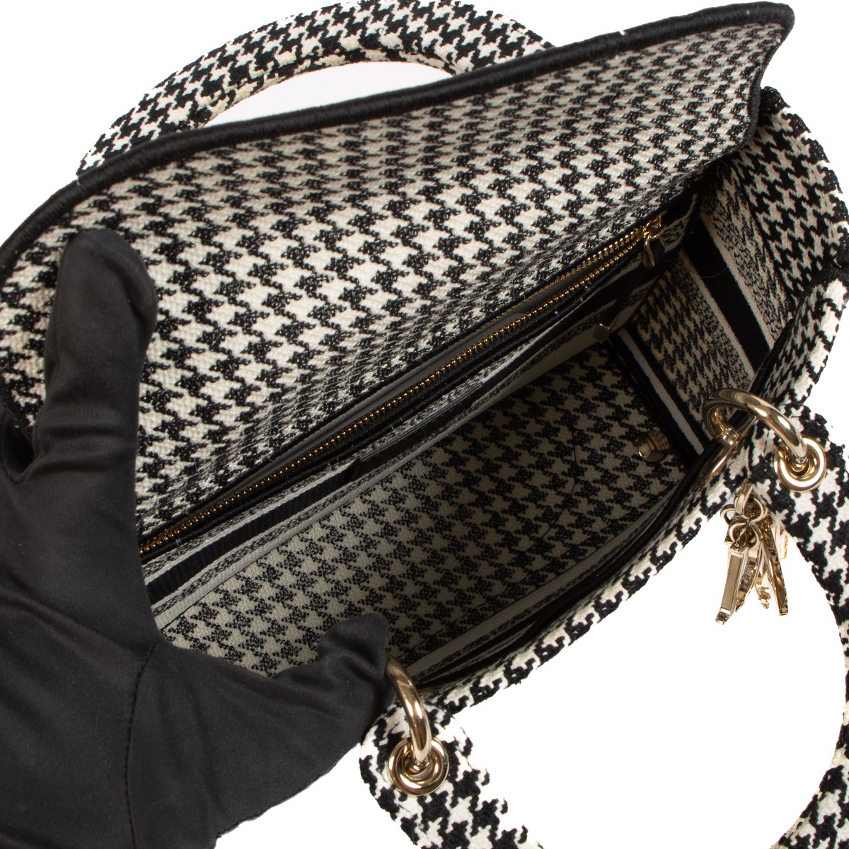 Christian Dior Black/White Houndstooth Embroidery Medium Lady D
