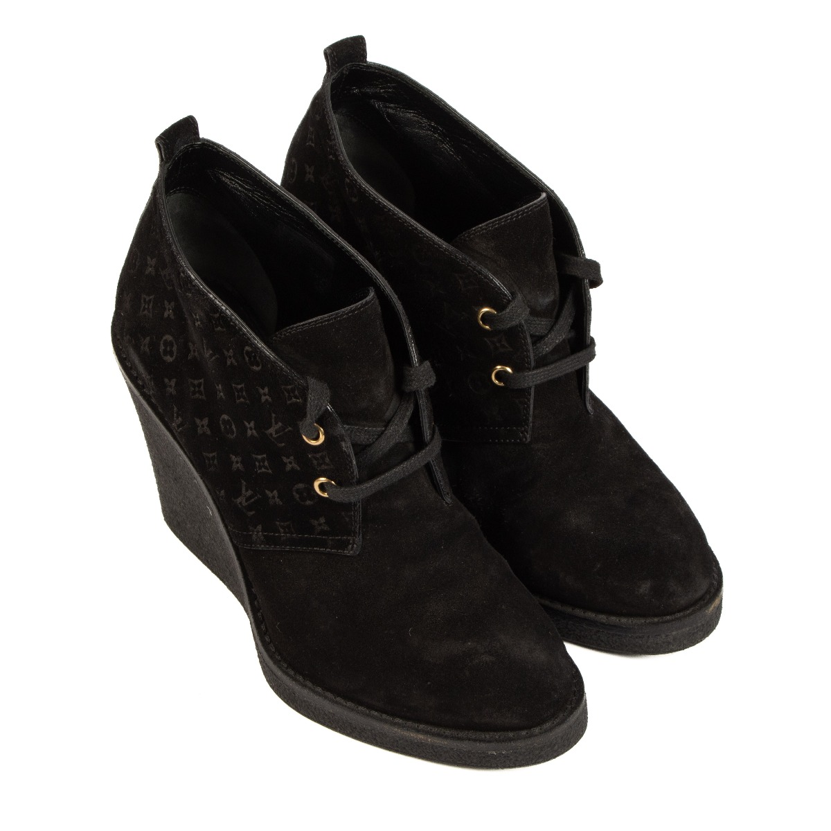 Louis Vuitton Black Monogram Suede Wedge Boots ○ Labellov ○ Buy