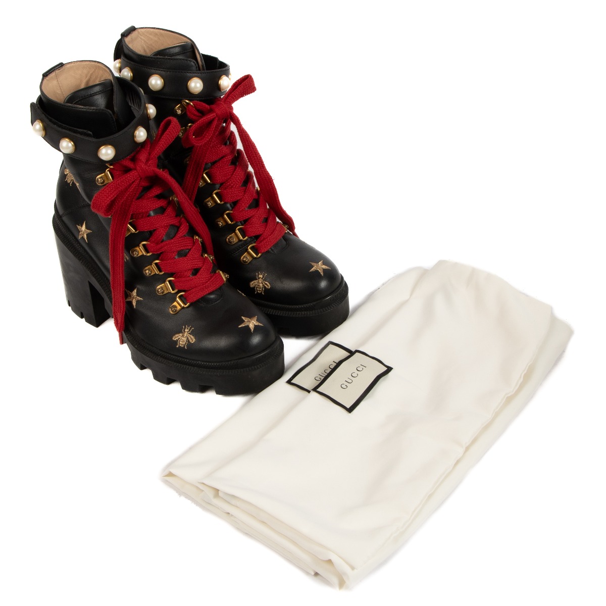 Gucci Black Bee Pearl Embellished Lace up Boots Size 40 Labellov Buy and Sell Authentic Luxury