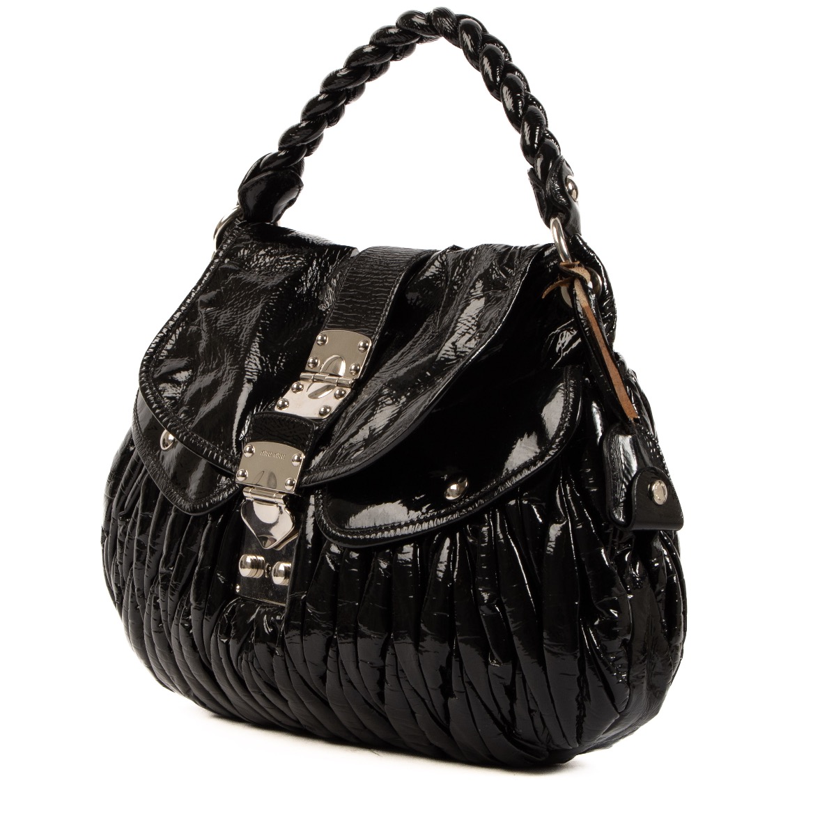 Miu Miu Black Patent Coffer Two Way Shoulder Bag ○ Labellov Miu Miu Black Patent Coffer Two Way Shoulder Bag ○ Labellov