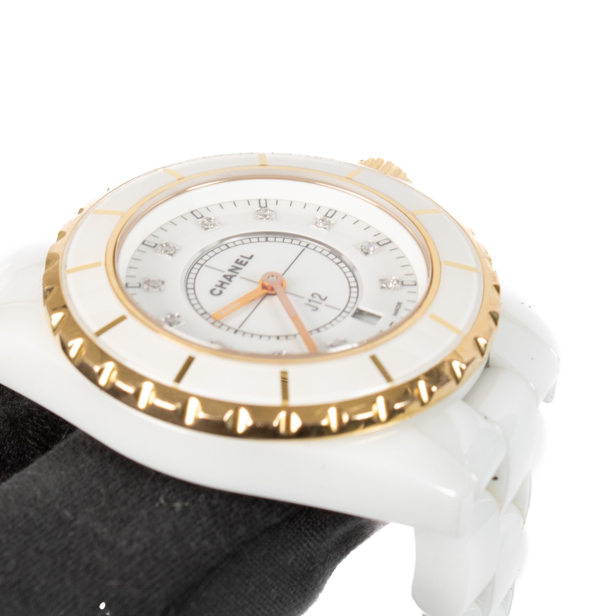 Chanel White Ceramic/Gold Diamond J12 33mm Watch ○ Labellov